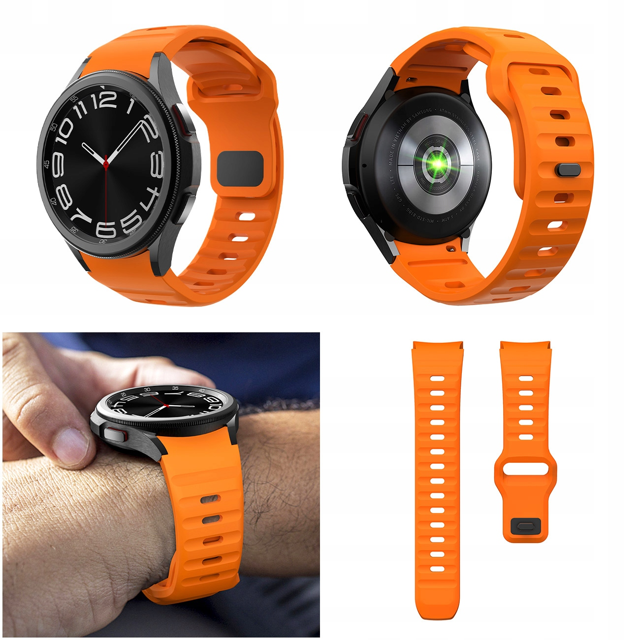 Pomarańczowy smartwatch z czarną tarczą i paskiem, widok z tyłu i paski zamienne.
