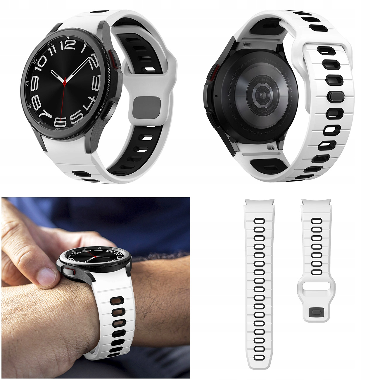 Biały smartwatch z czarną tarczą i paskiem, noszony na nadgarstku.