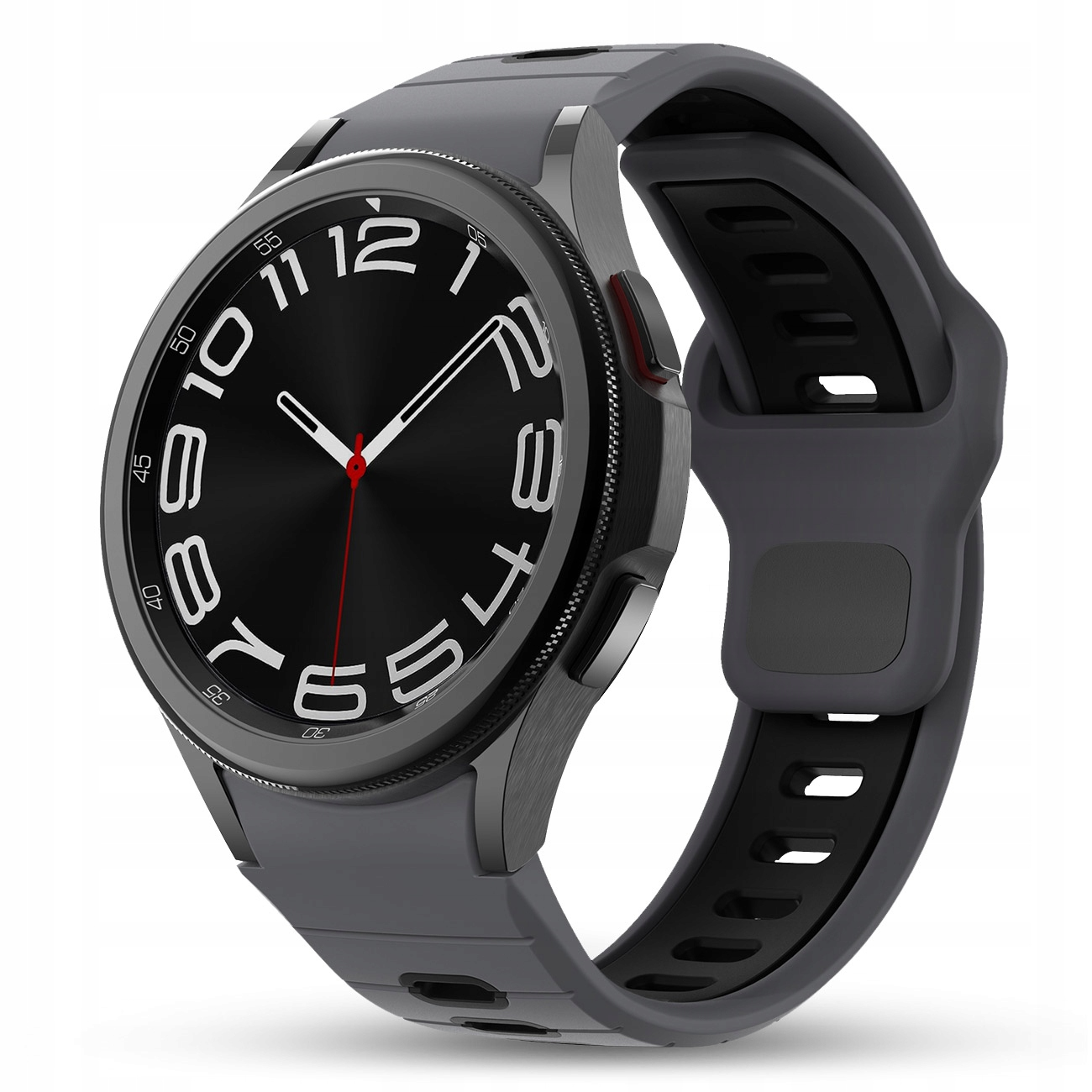 Szary smartwatch z czarną tarczą i białymi cyframi.