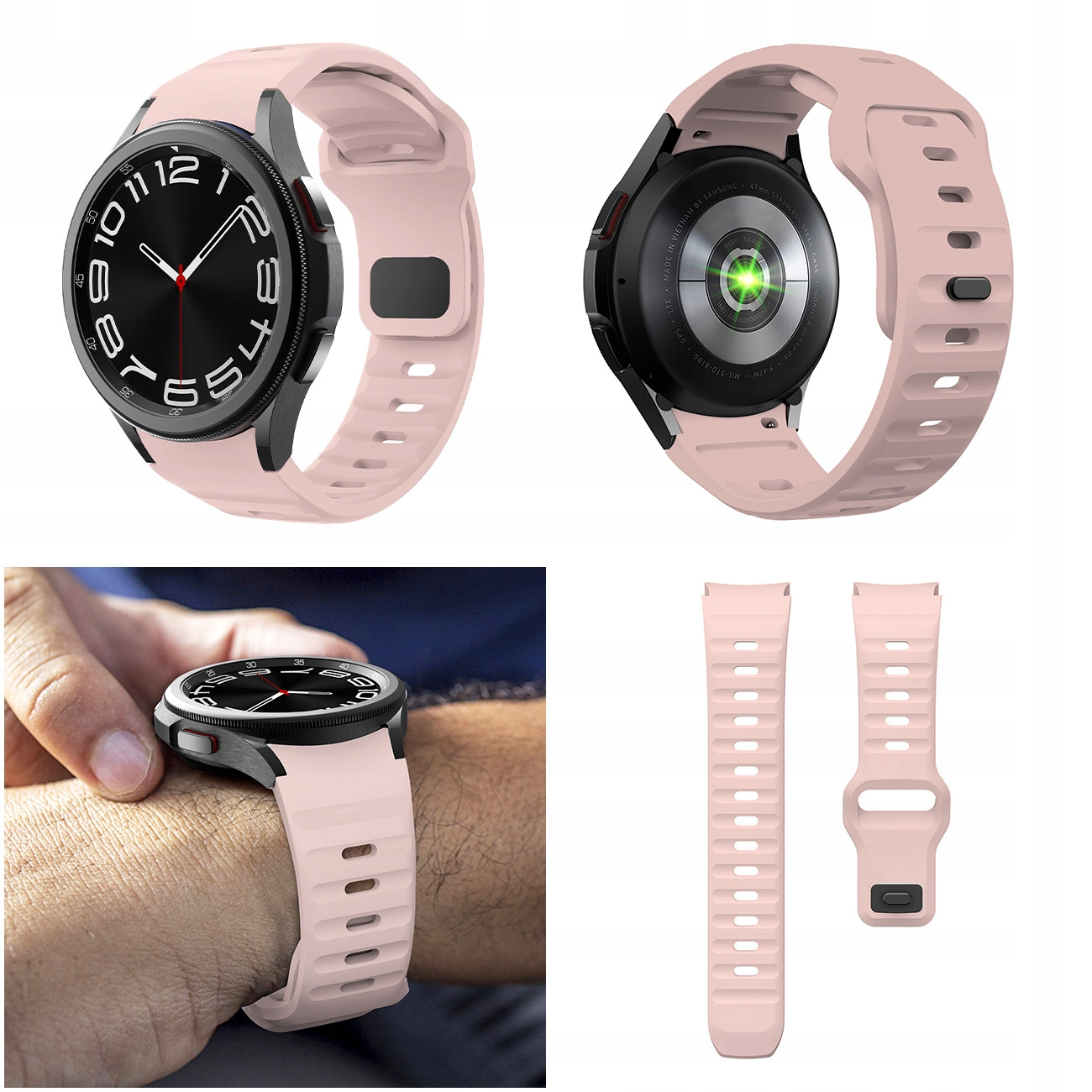 Różowy smartwatch z czarną tarczą na nadgarstku. Widoczny również: tył zegarka, pasek i zapasowy pasek.