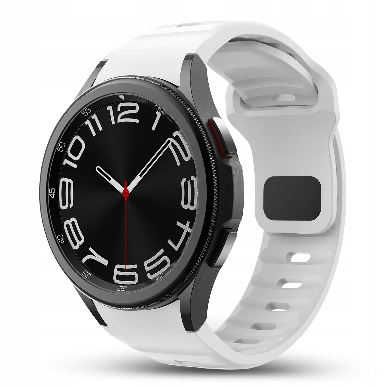 Biały smartwatch z czarną tarczą i srebrnymi wskazówkami na białym tle.
