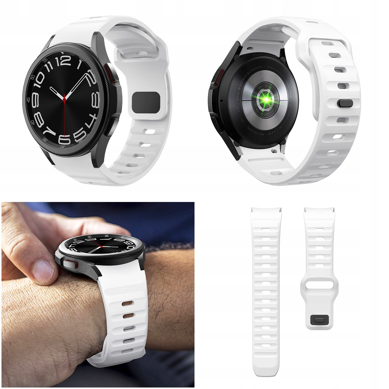 Biały smartwatch z czarną tarczą i paskiem, noszony na nadgarstku. Widok z tyłu i paski.