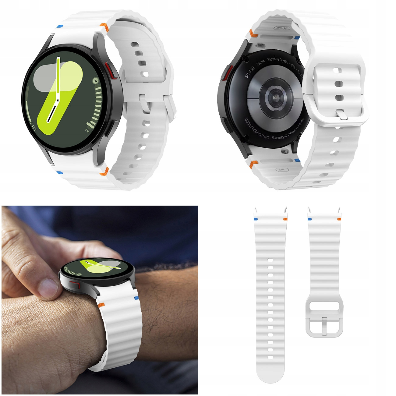 Biały smartwatch z falistym paskiem, widok z przodu, z tyłu, noszony na nadgarstku.