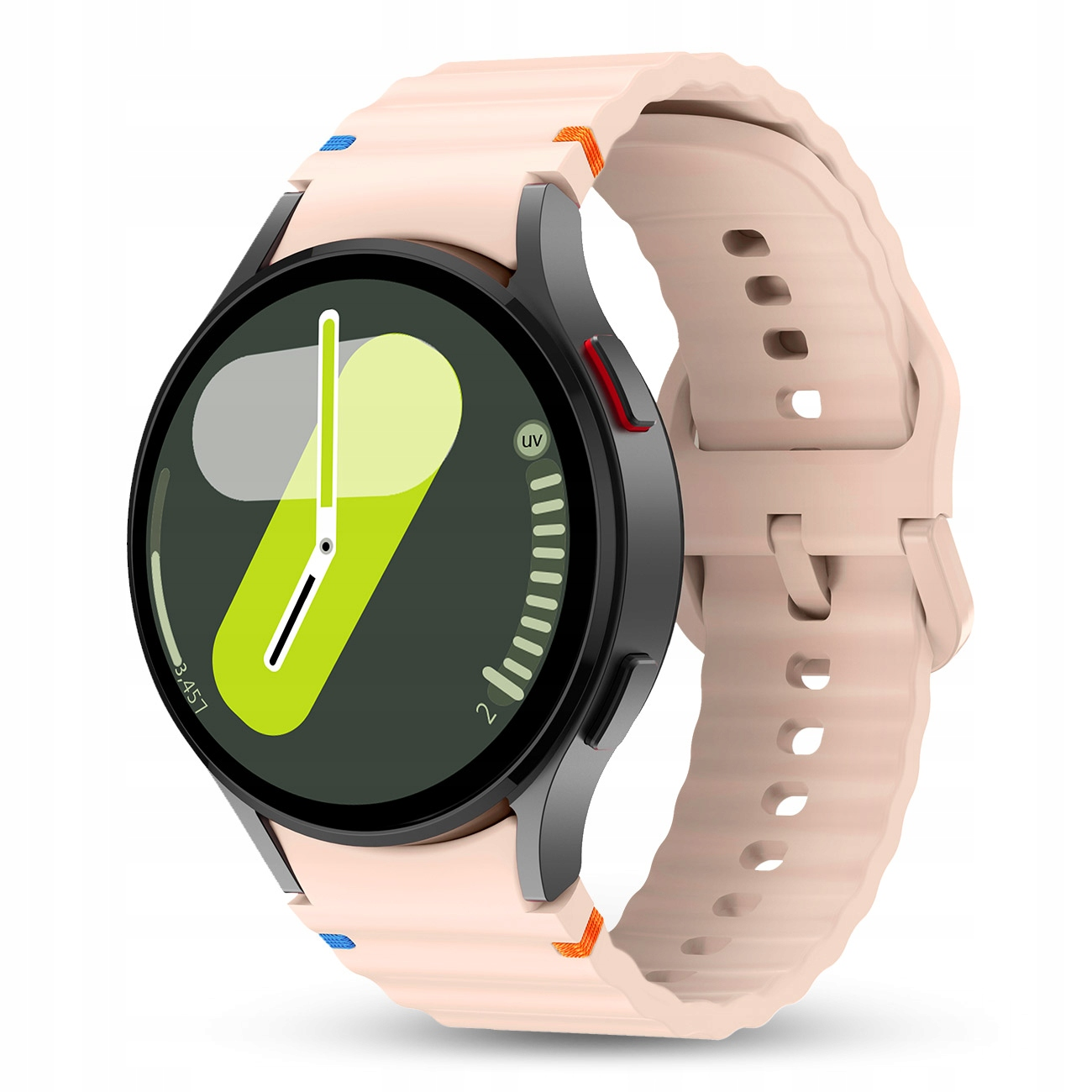 Różowy smartwatch z czarnym cyfrowym wyświetlaczem i ciemnoszarym etui.