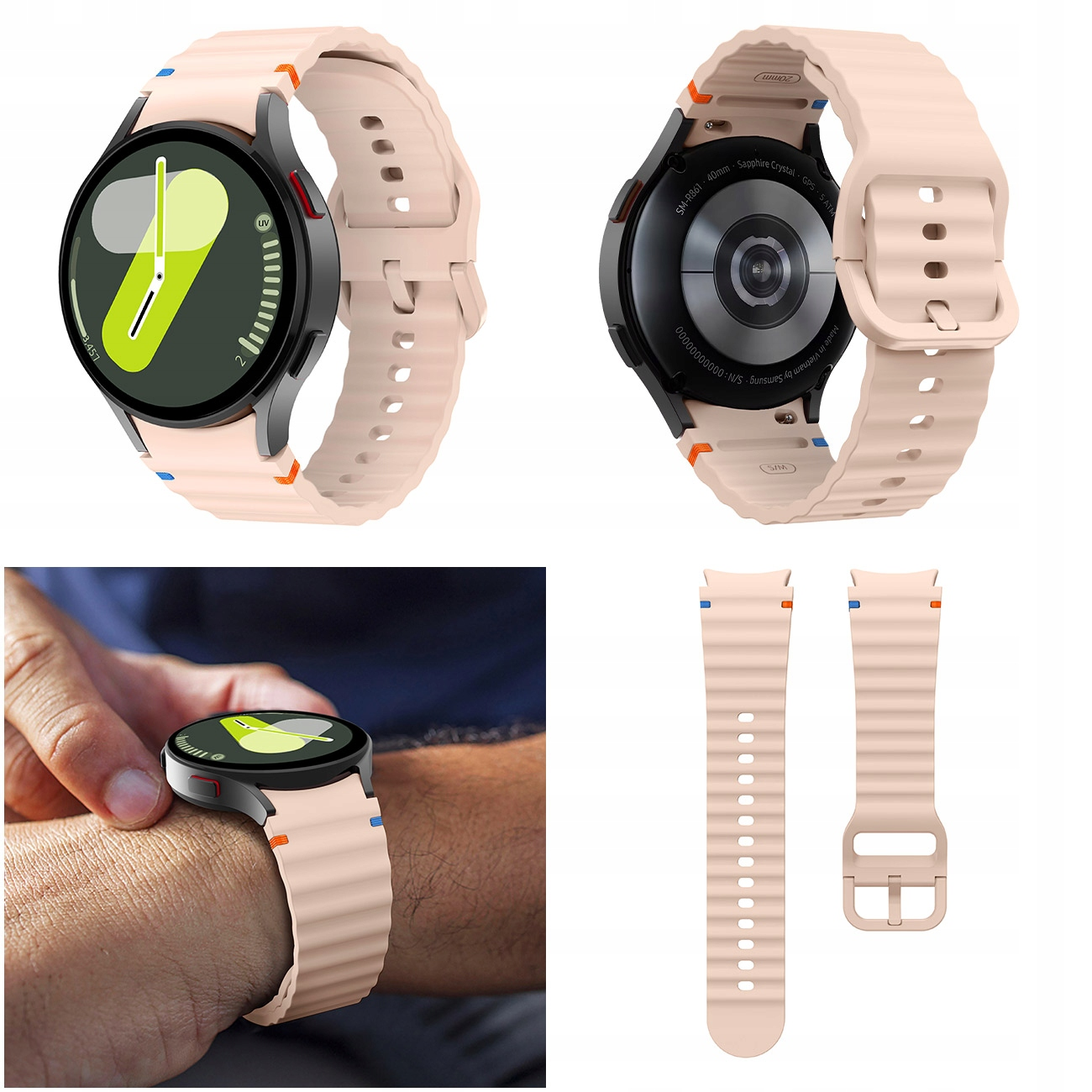 Kolekcja części Samsung Smartwatch z jasną bransoletą.