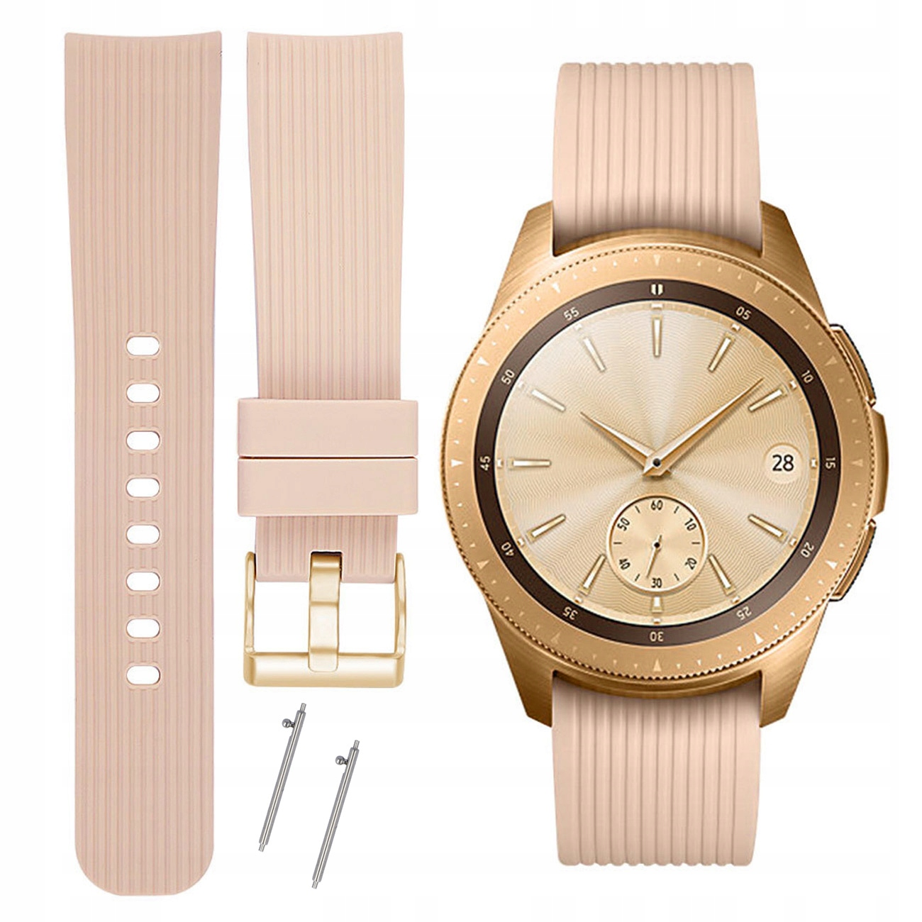 Złoty smartwatch z różowym paskiem i zapasowym paskiem.
