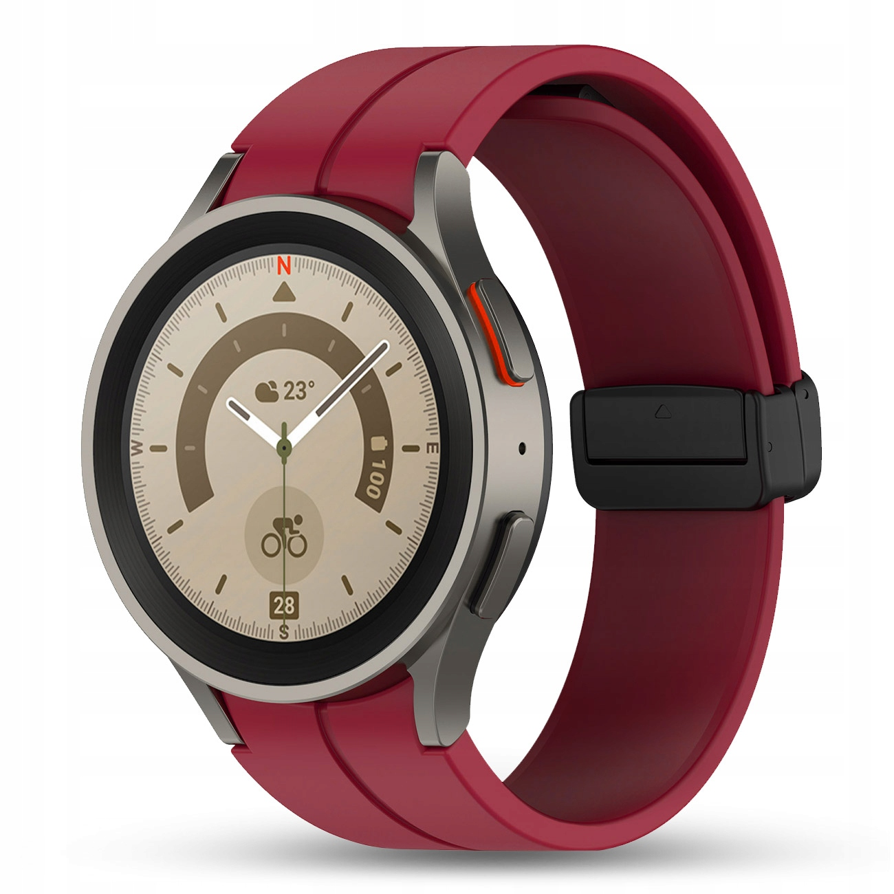Czerwony smartwatch z srebrną kopertą i okrągłym wyświetlaczem.