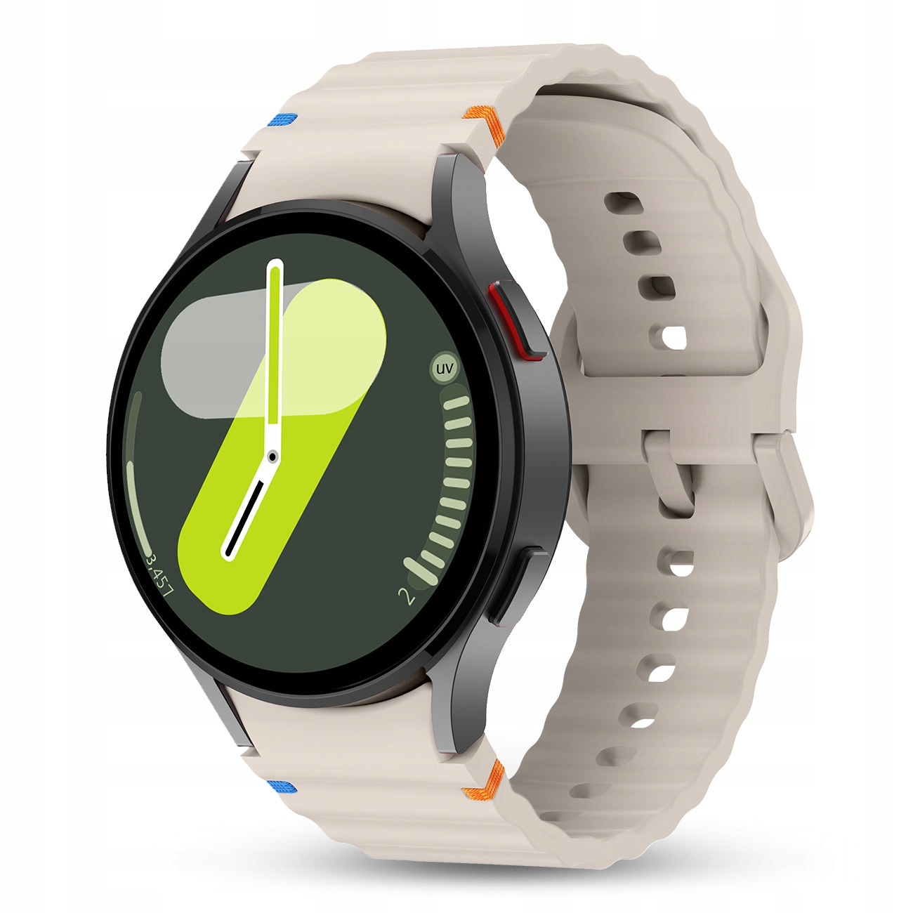 Nowoczesny smartwatch z kremowym paskiem i cyfrowym ekranem.