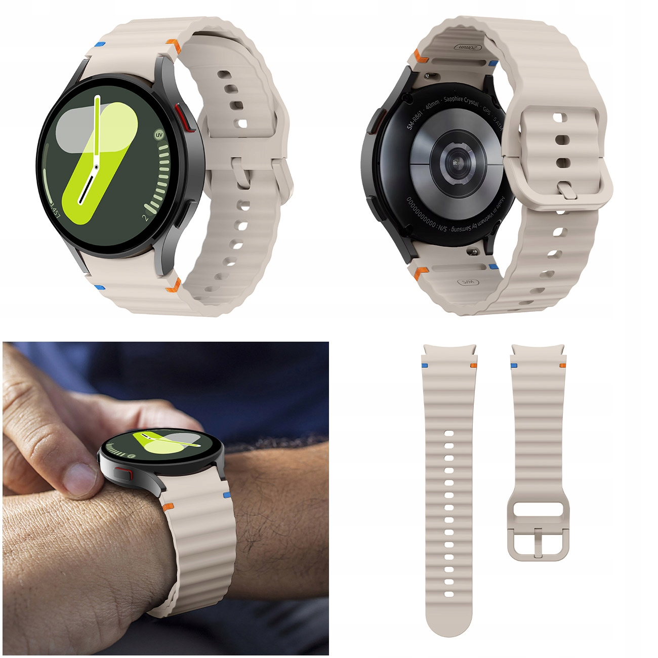 Jasny smartwatch z beżową bransoletą, noszony na nadgarstku.