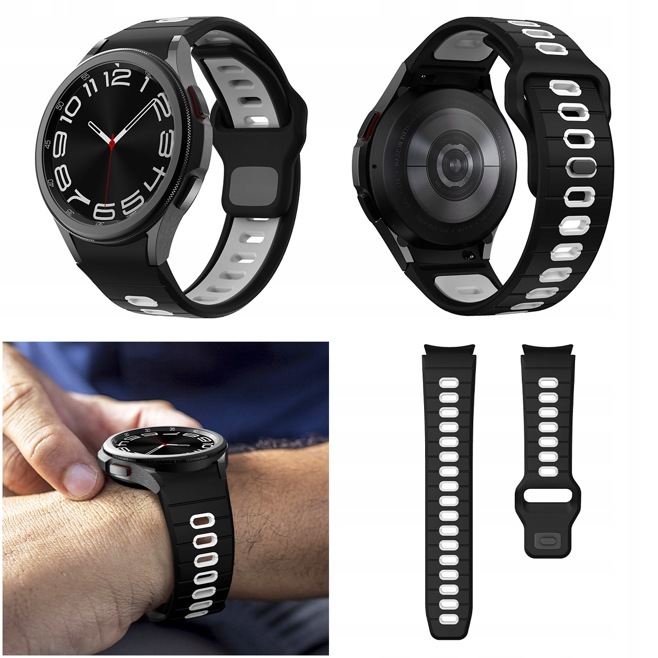 Czarny smartwatch z biało-szarym paskiem, na nadgarstku i osobno.