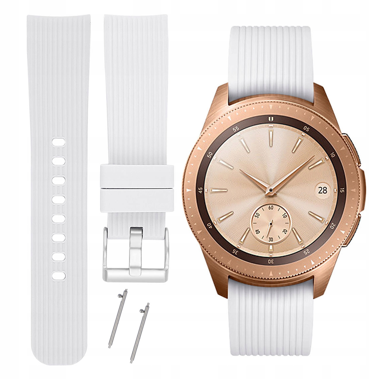 Zegarek smartwatch różowe złoto z białym paskiem silikonowym i zapasowym.