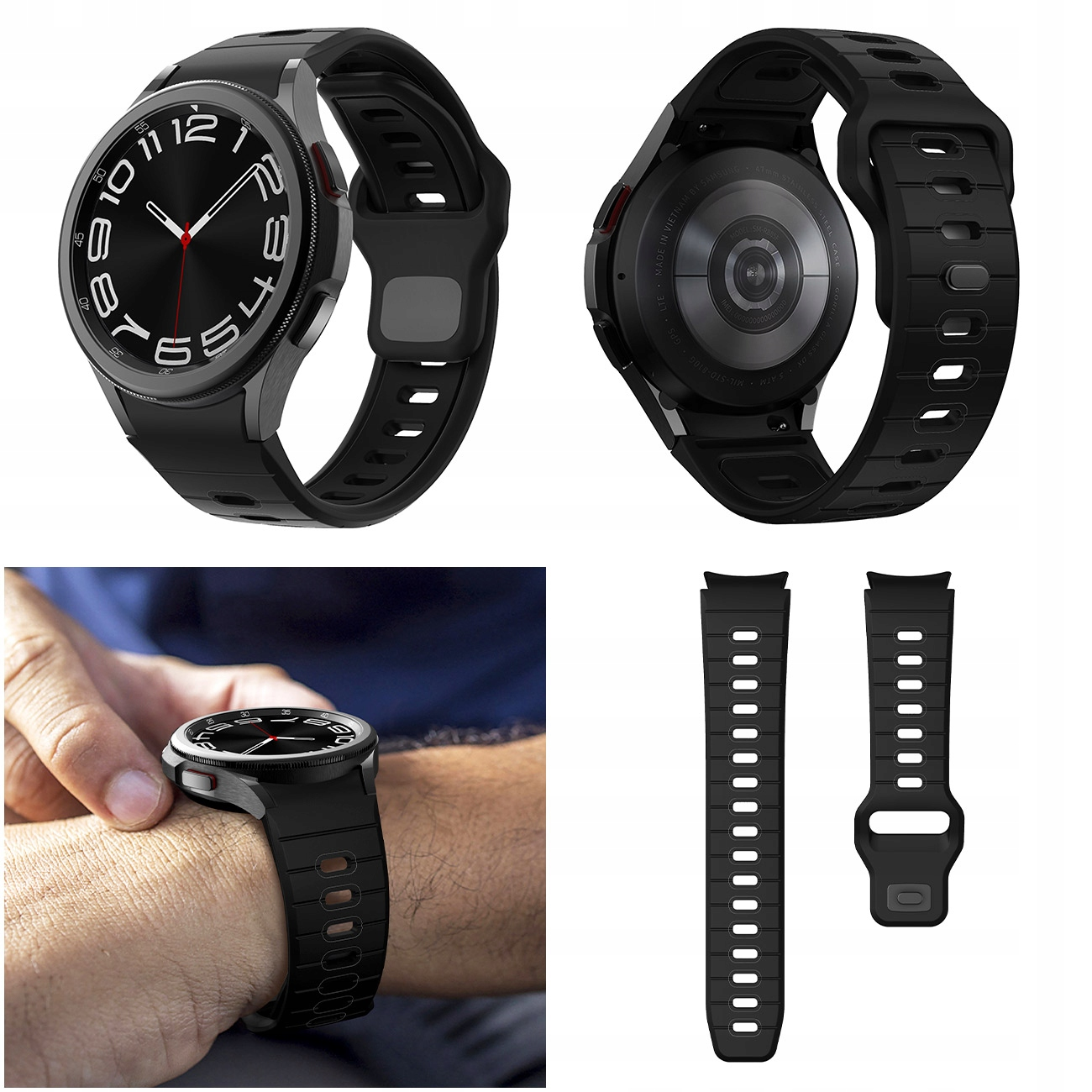 Czarny smartwatch z czarną bransoletą, widok z przodu i tyłu.