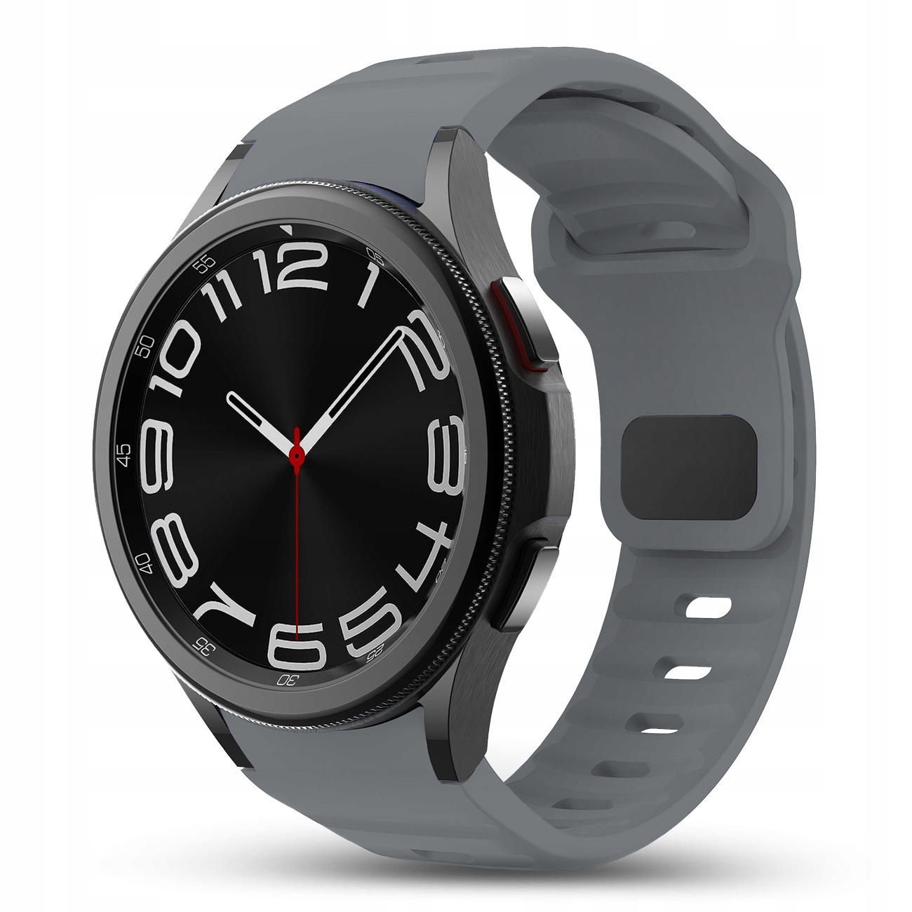 Szary smartwatch z czarną tarczą i białymi cyframi.