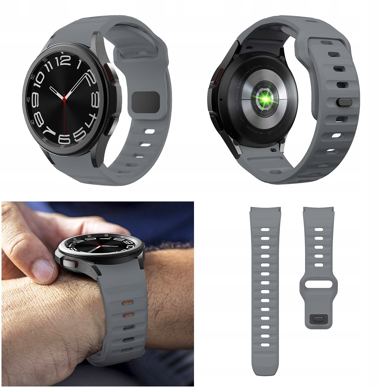 Szary smartwatch z czarną tarczą i paskiem.