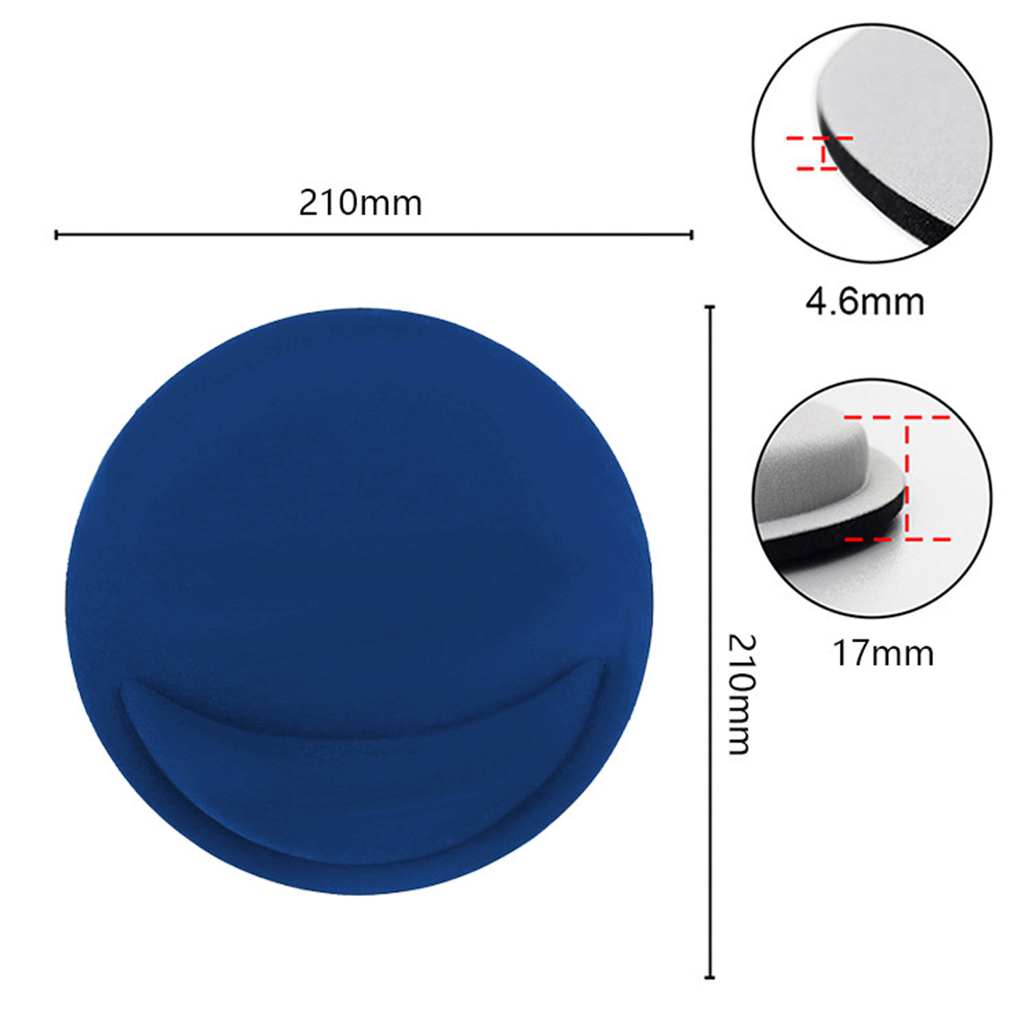 Blue round wrist rest, 210mm wide, with dimensions shown.