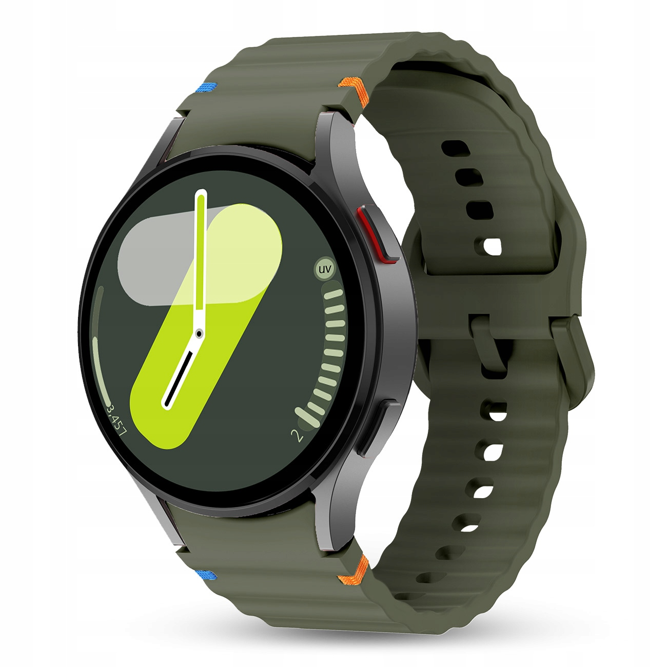 Zielony smartwatch z ciemnym ekranem wyświetlającym limonkowozieloną grafikę i czarny pasek.