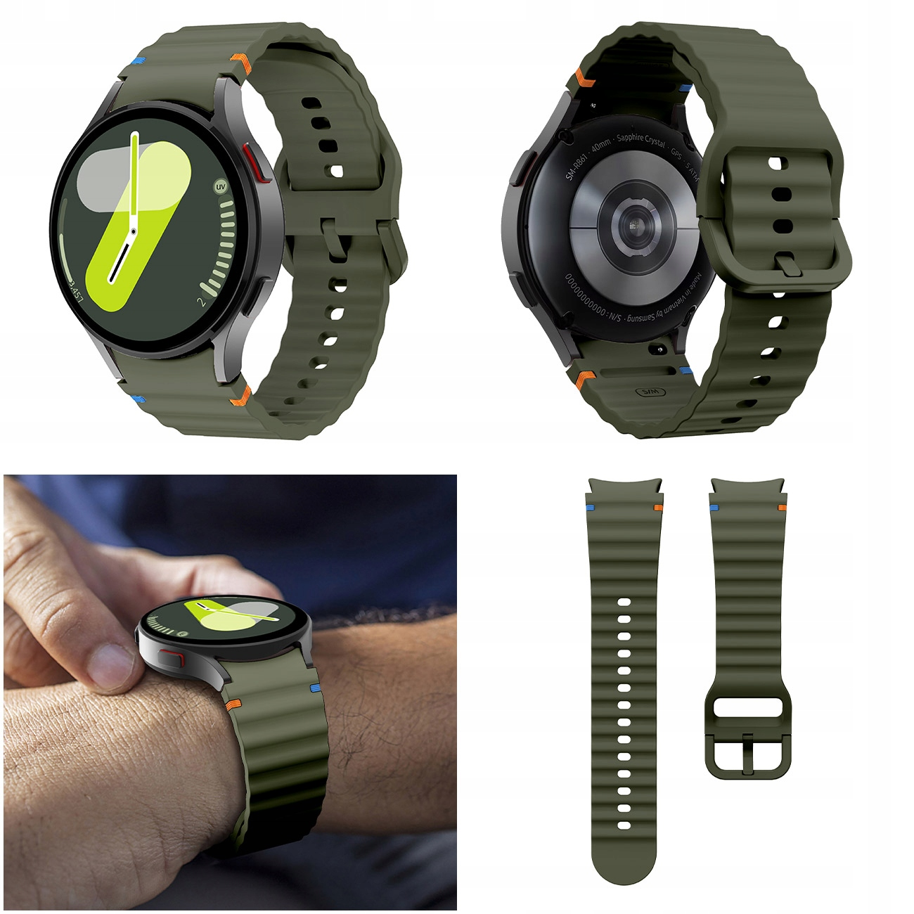 Zielony smartwatch z paskiem, widok z przodu i tyłu, oraz zapasowy pasek.