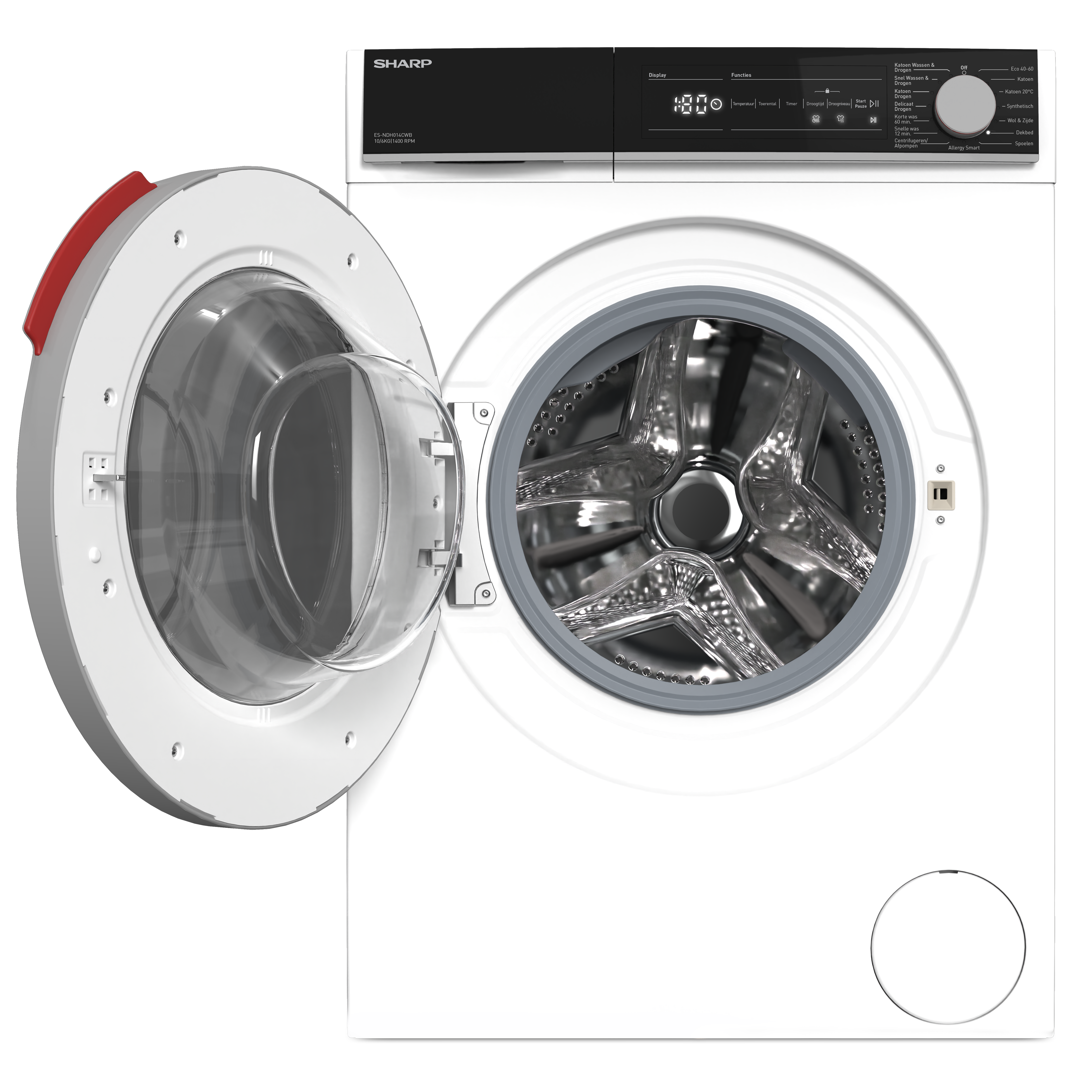 White Sharp washing machine with open door and digital display.