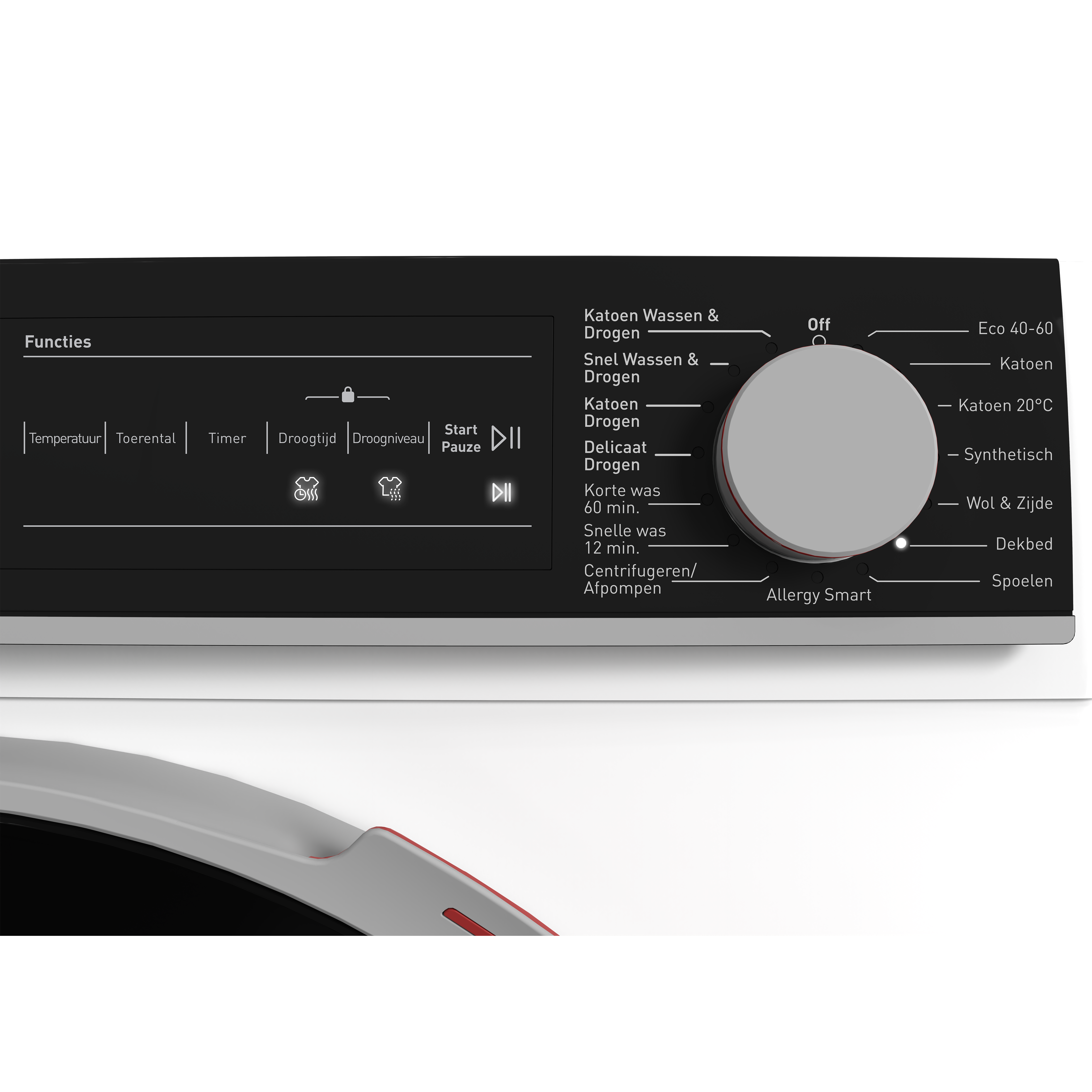 Washing machine control panel with program selection and dial.