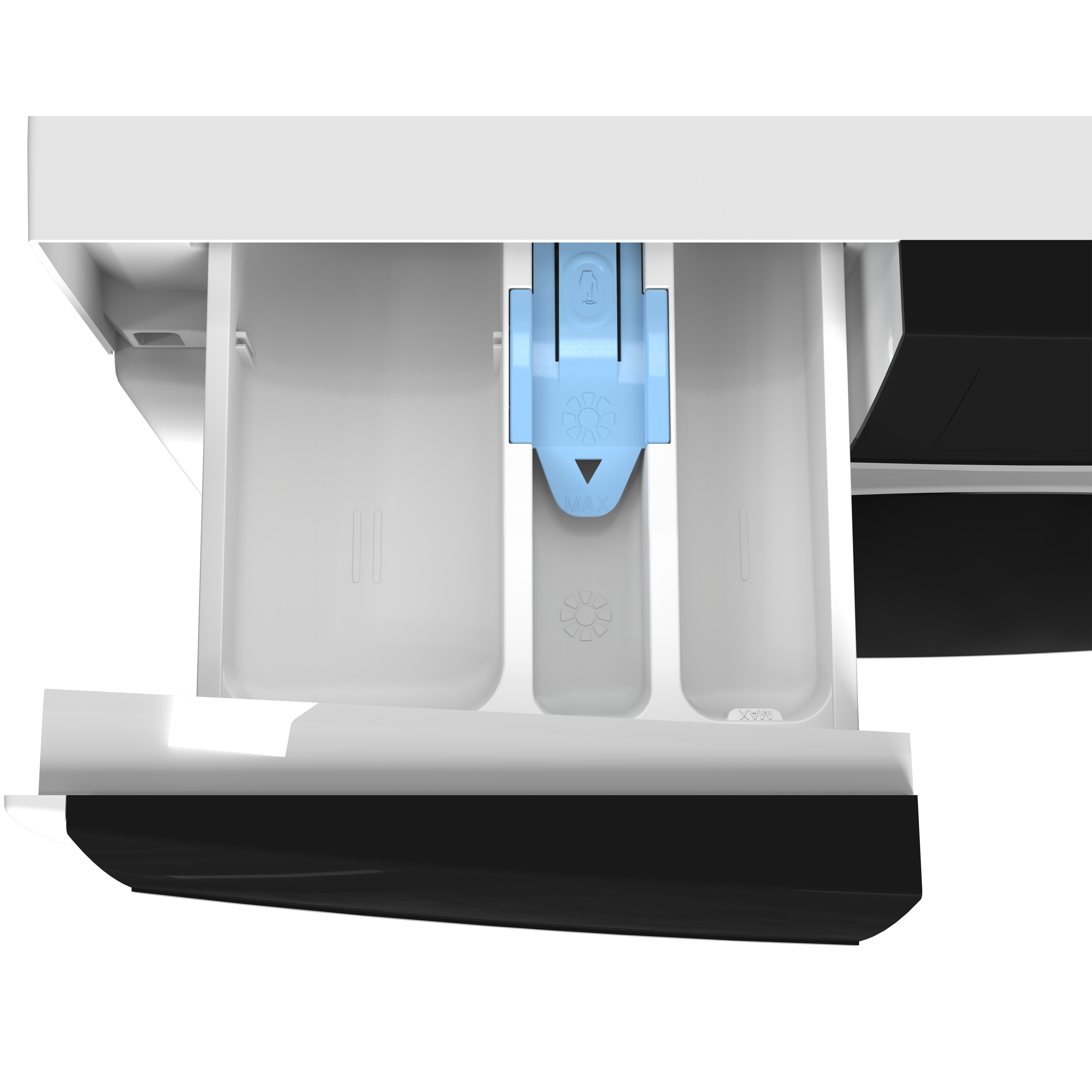 A pull-out drawer with three compartments, one blue with markings.