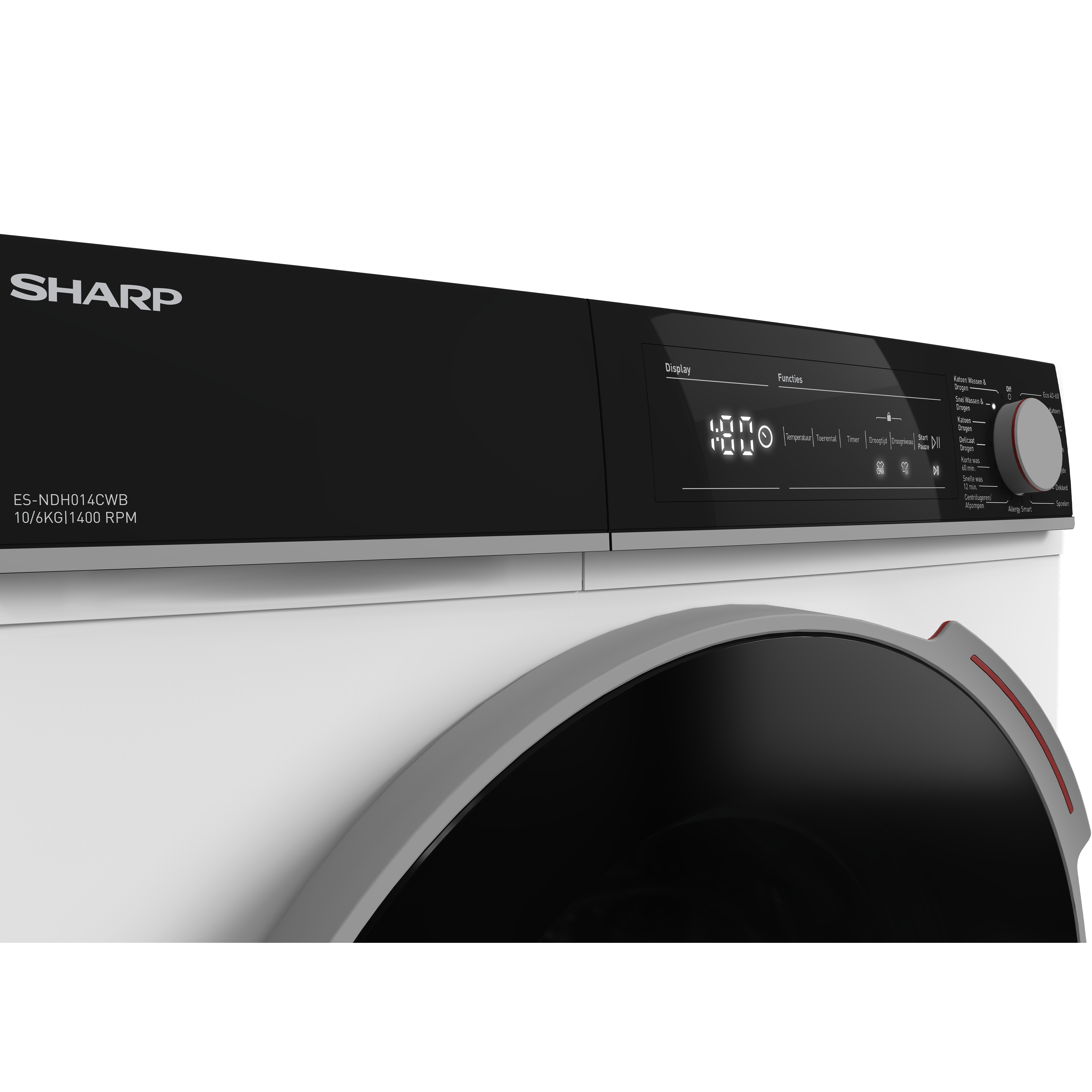 Front view of a Sharp washing machine with a digital display and control knob.