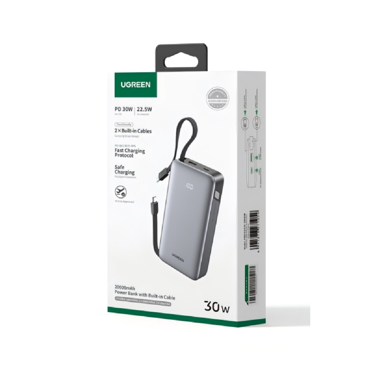 Power bank UGREEN da 20000mAh con 2 cavi integrati, ricarica rapida 30W.