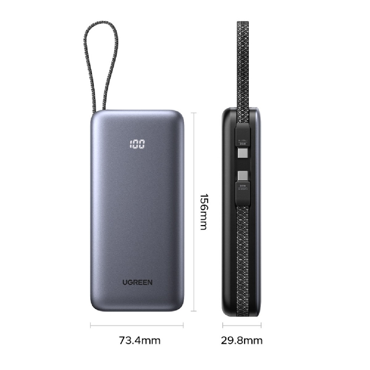 Power bank UGREEN grigia con 100% di carica, dimensioni 156x73.4x29.8mm.