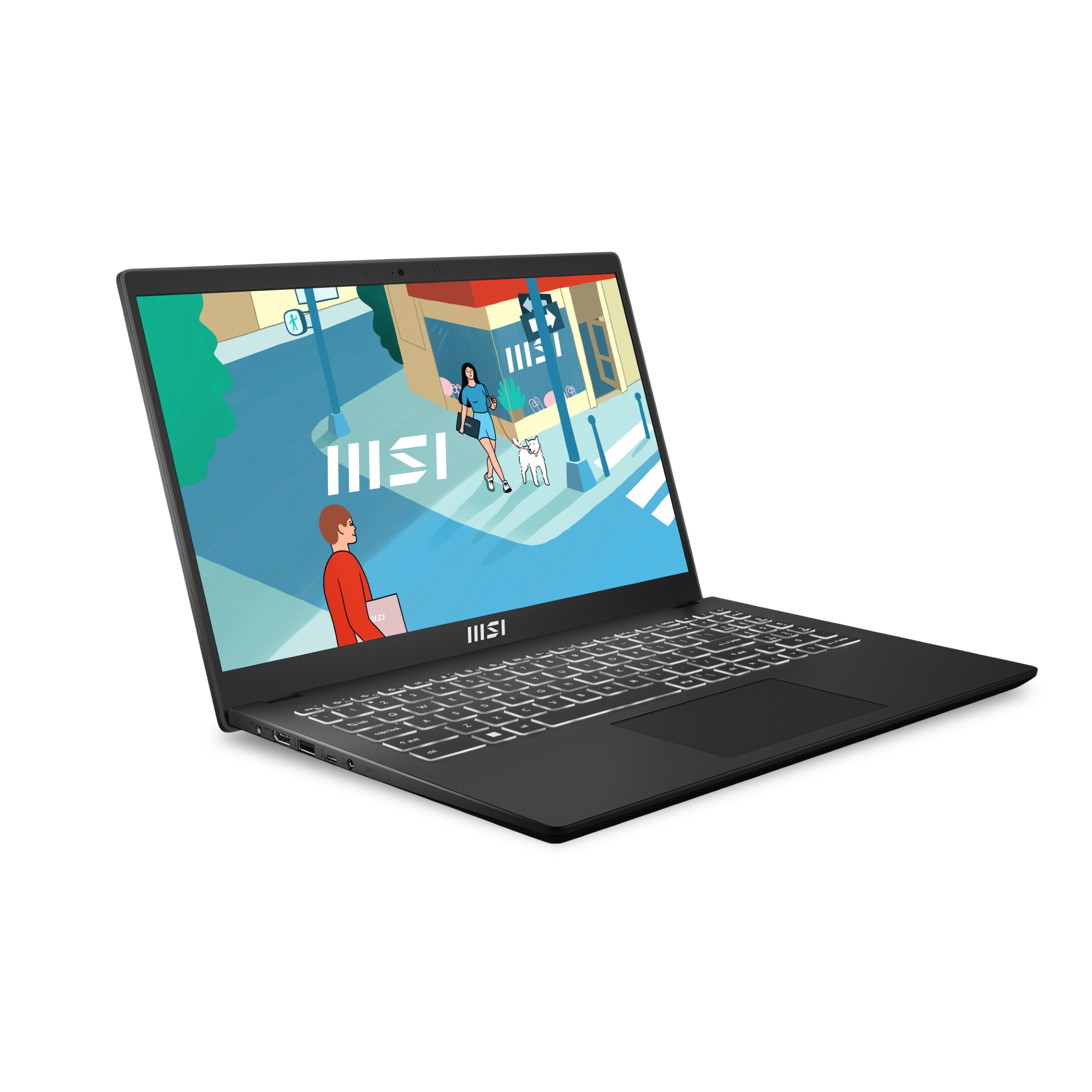Laptop MSI nero che mostra una scena di cartone animato di persone e un cane per strada.
