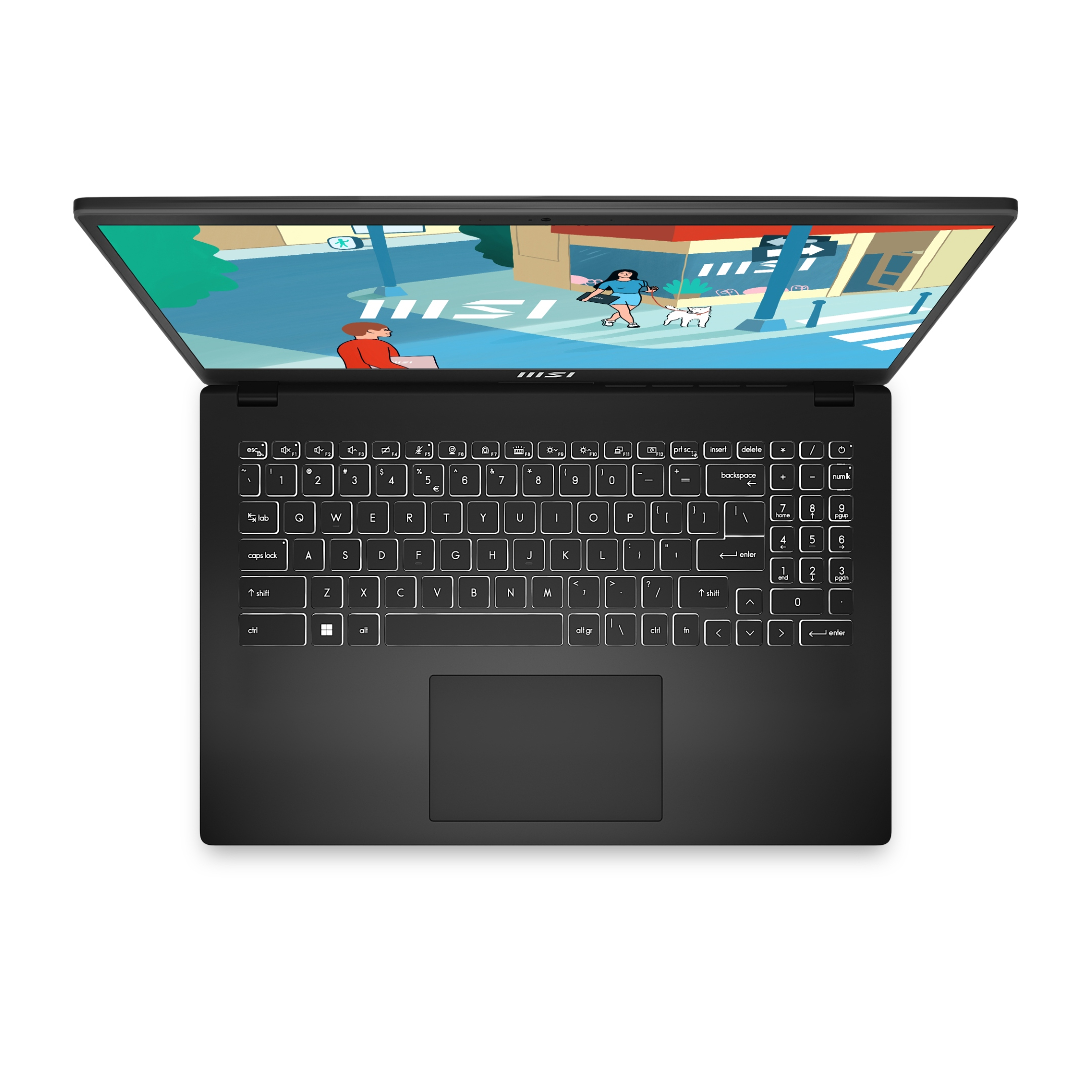 Un laptop nero aperto che mostra un'illustrazione colorata sullo schermo.