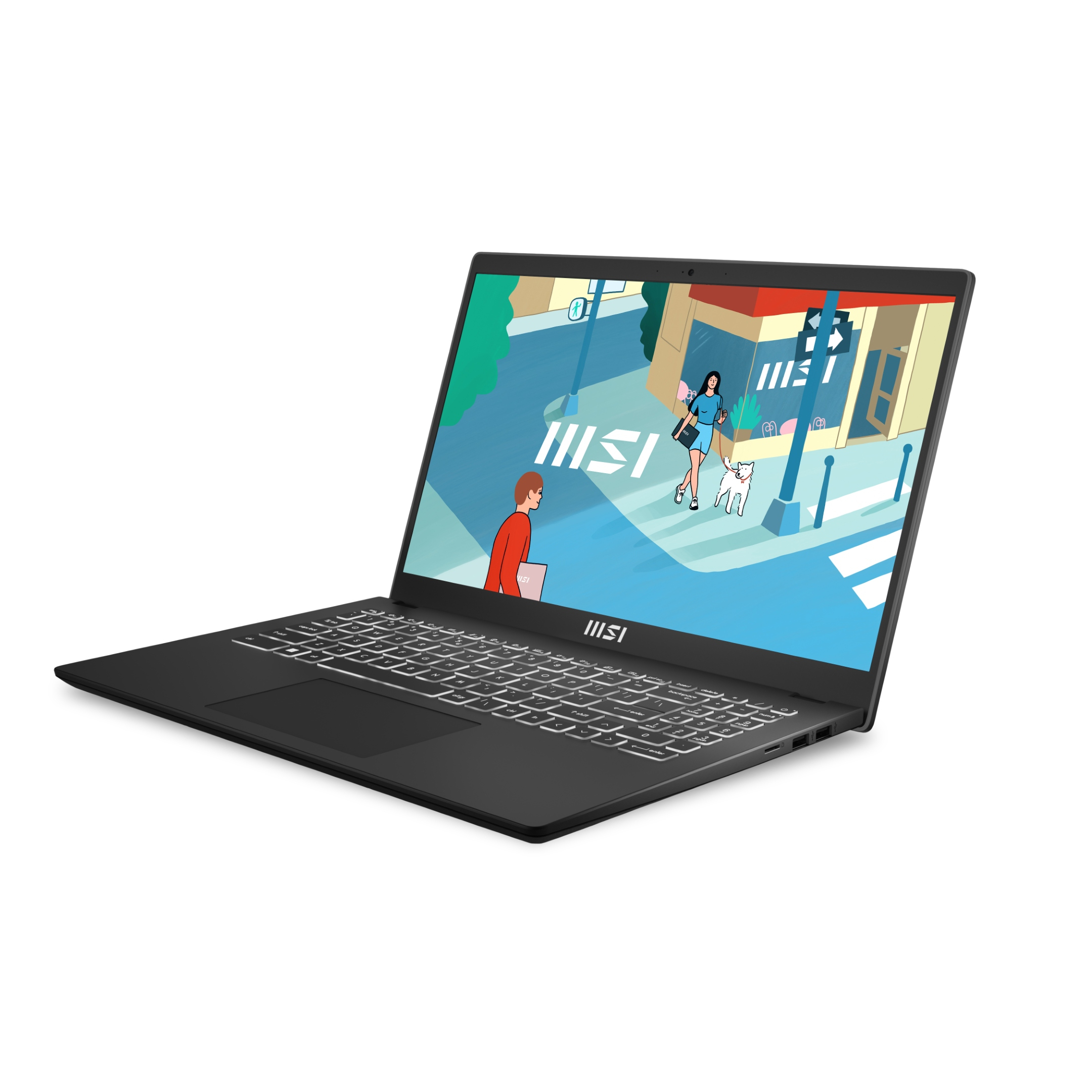 Un laptop nero con una scena urbana colorata sullo schermo.