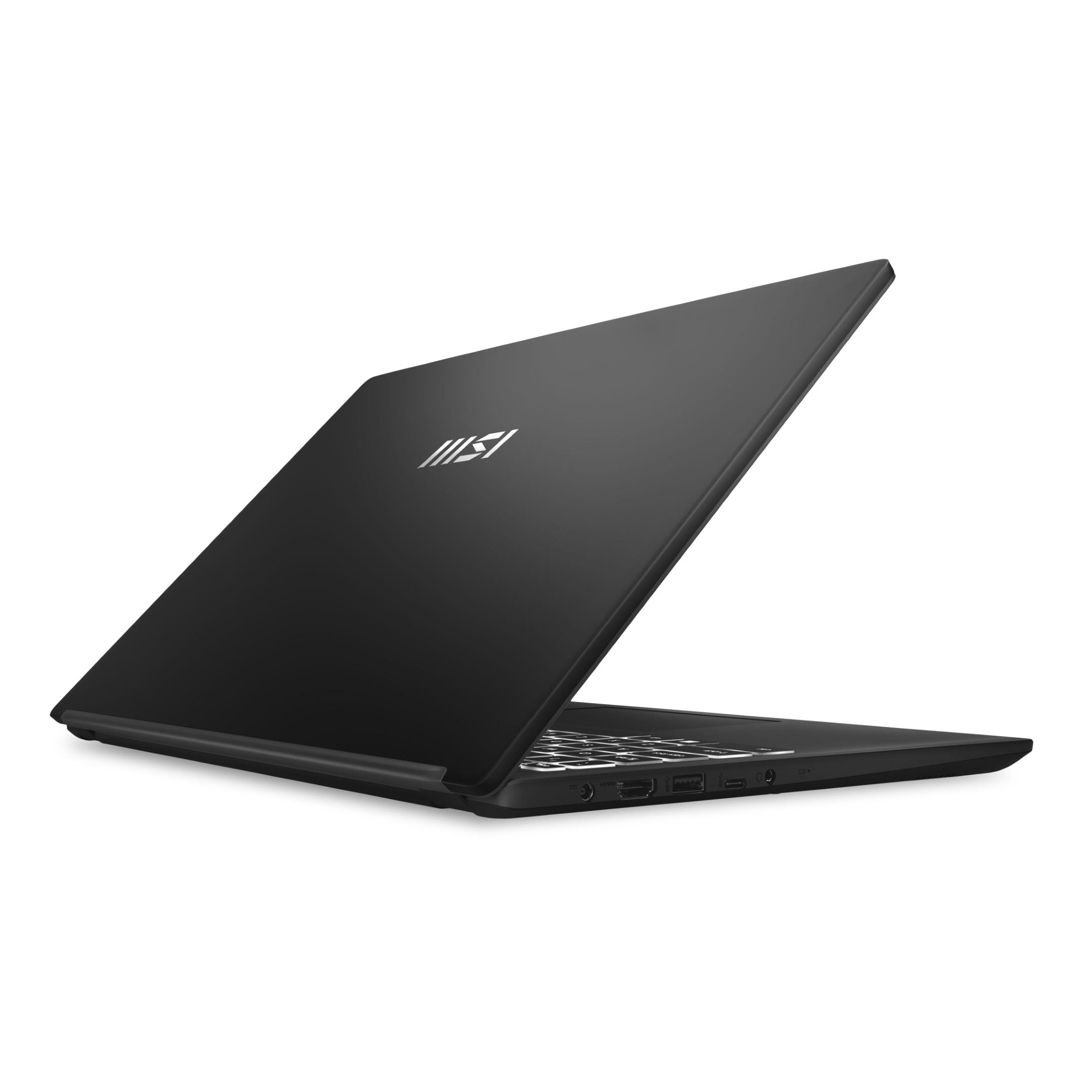 Un laptop nero aperto con logo MSI sul coperchio, tastiera bianca.