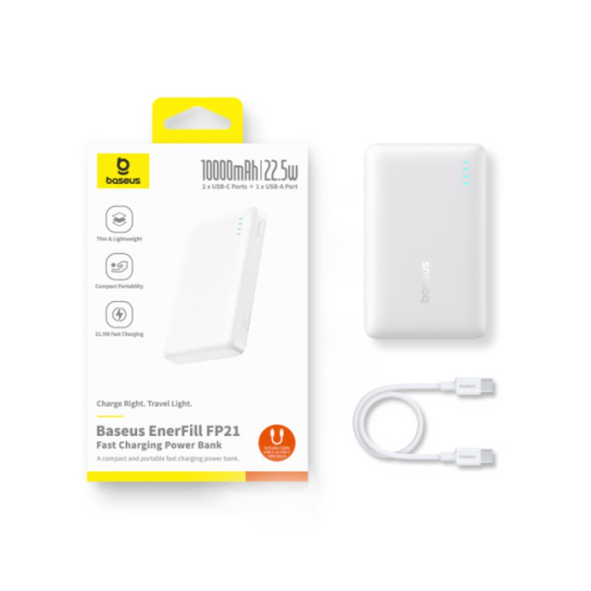 Power bank bianca da 10000 mAh con cavo di ricarica e confezione.