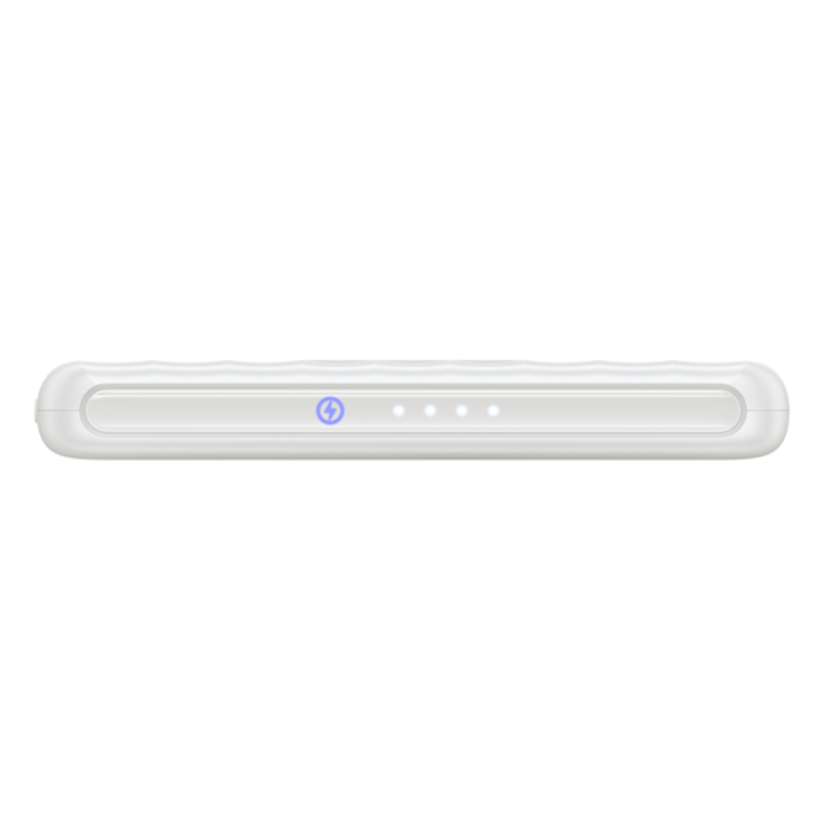 Un dispositivo bianco di ricarica o power bank con un'icona a forma di fulmine e quattro indicatori LED.