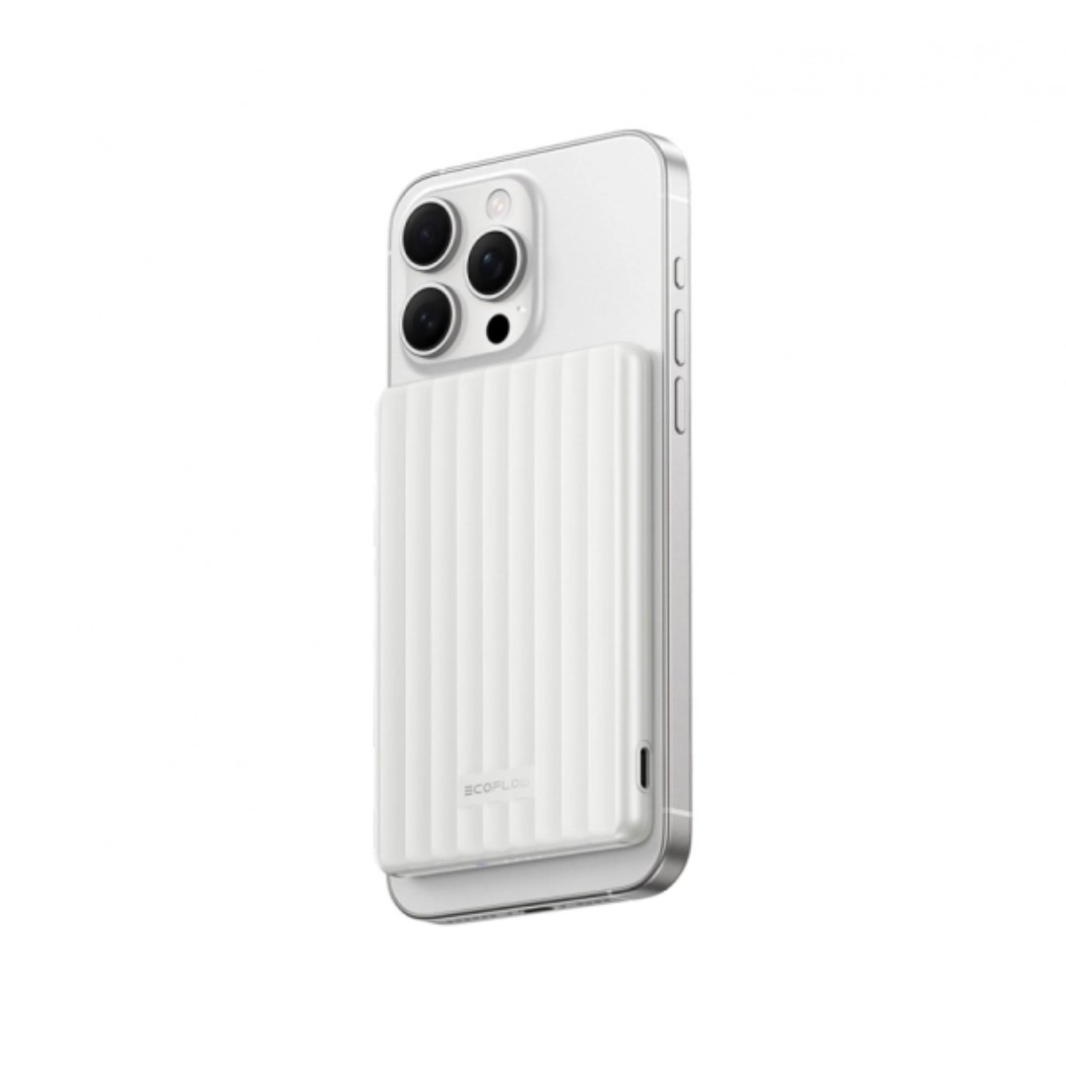 Un iPhone bianco con una custodia di ricarica bianca a coste sul retro.