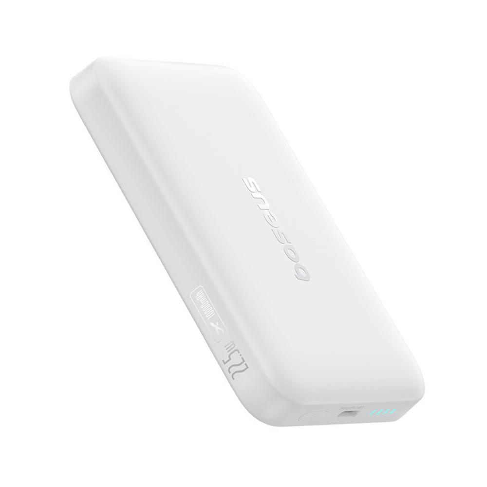 Un power bank bianco con logo 'Baseus' e display da 22,5W e 10000mAh.