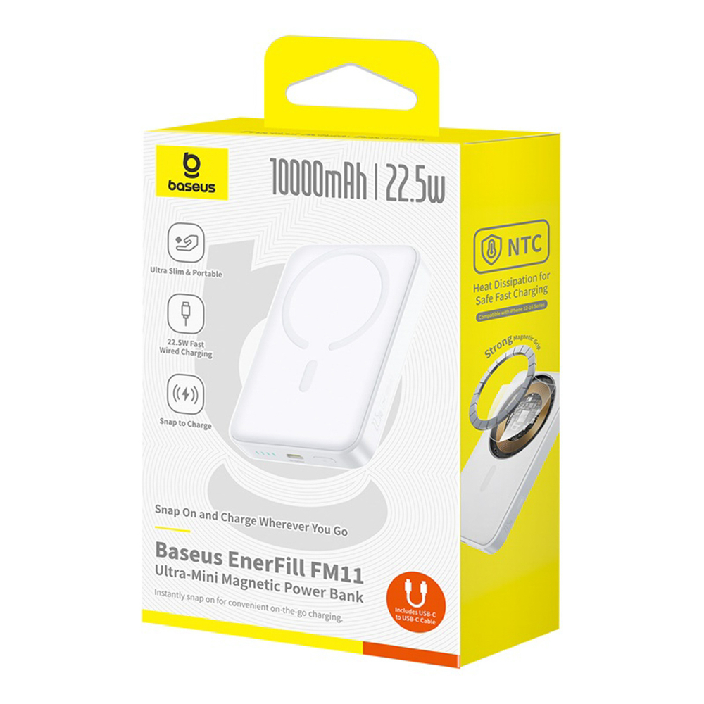 Confezione di un power bank magnetico bianco Baseus da 10000mAh e 22.5W.
