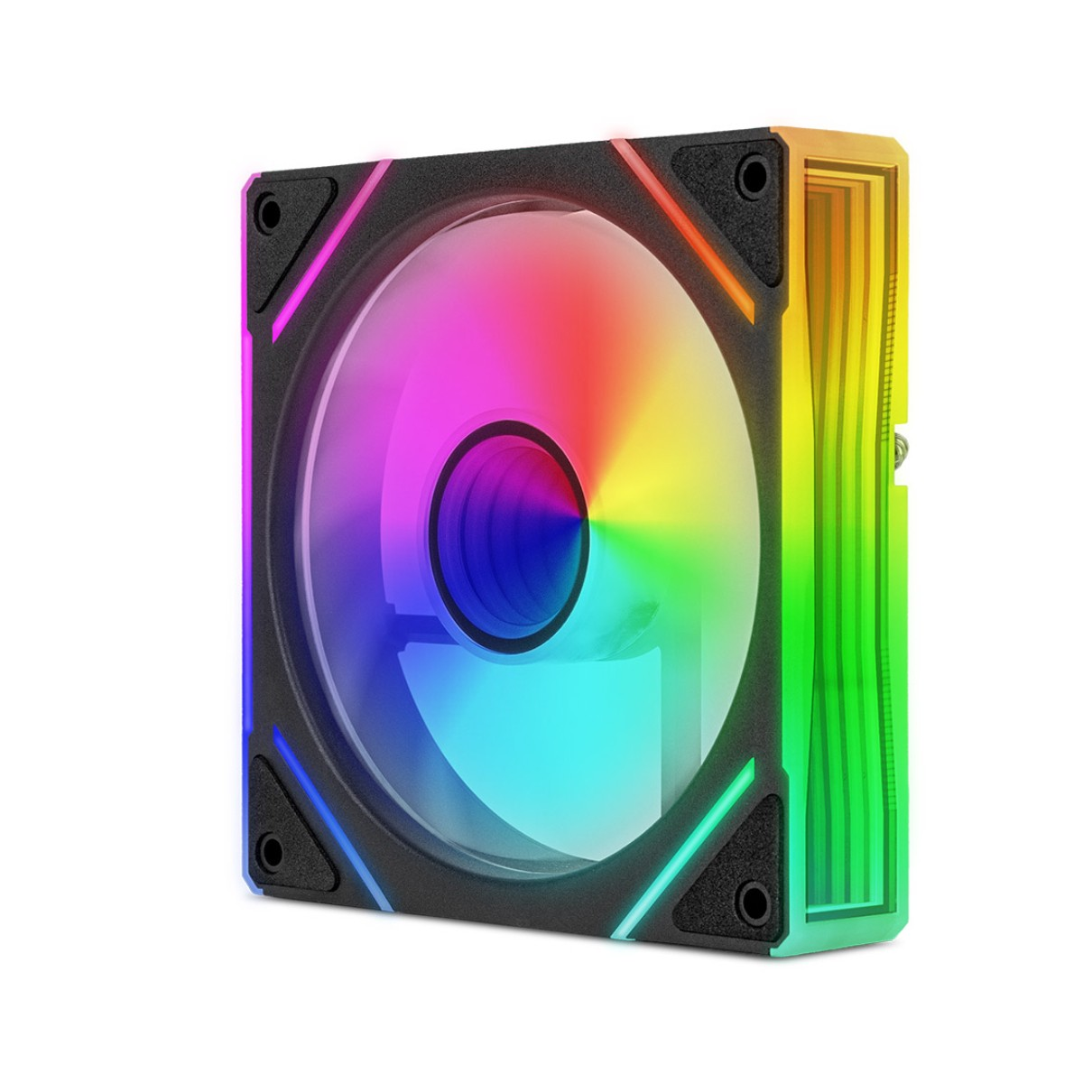 Una ventola quadrata per computer con illuminazione RGB, che brilla in vari colori.