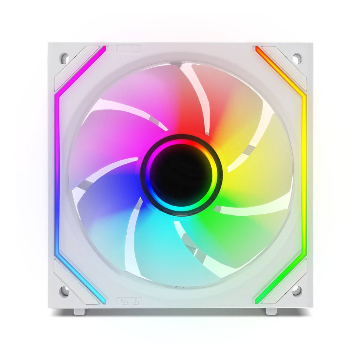 Ventola bianca con illuminazione LED arcobaleno e pale traslucide.