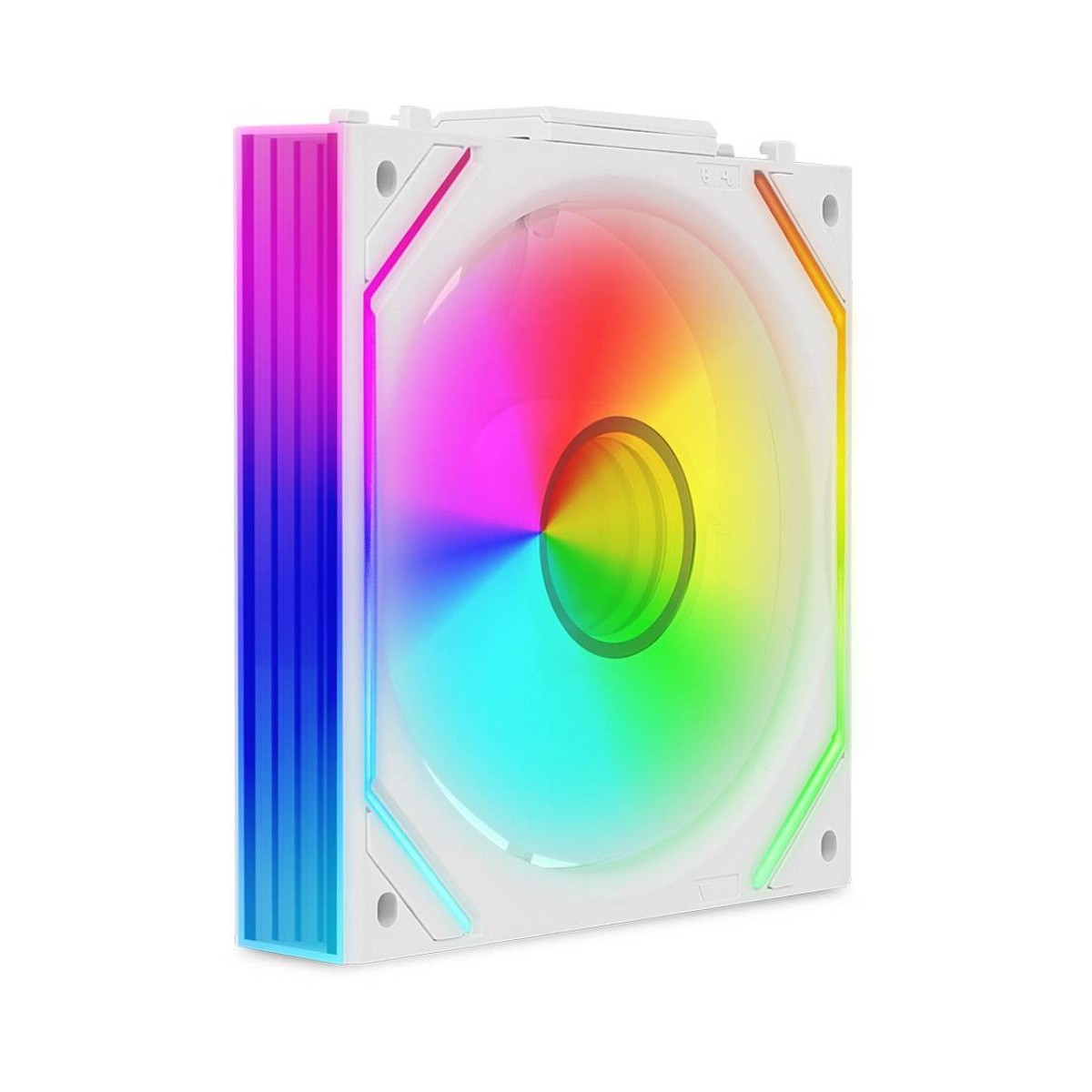 Una ventola bianca con LED RGB colorati, mostrata su sfondo bianco.