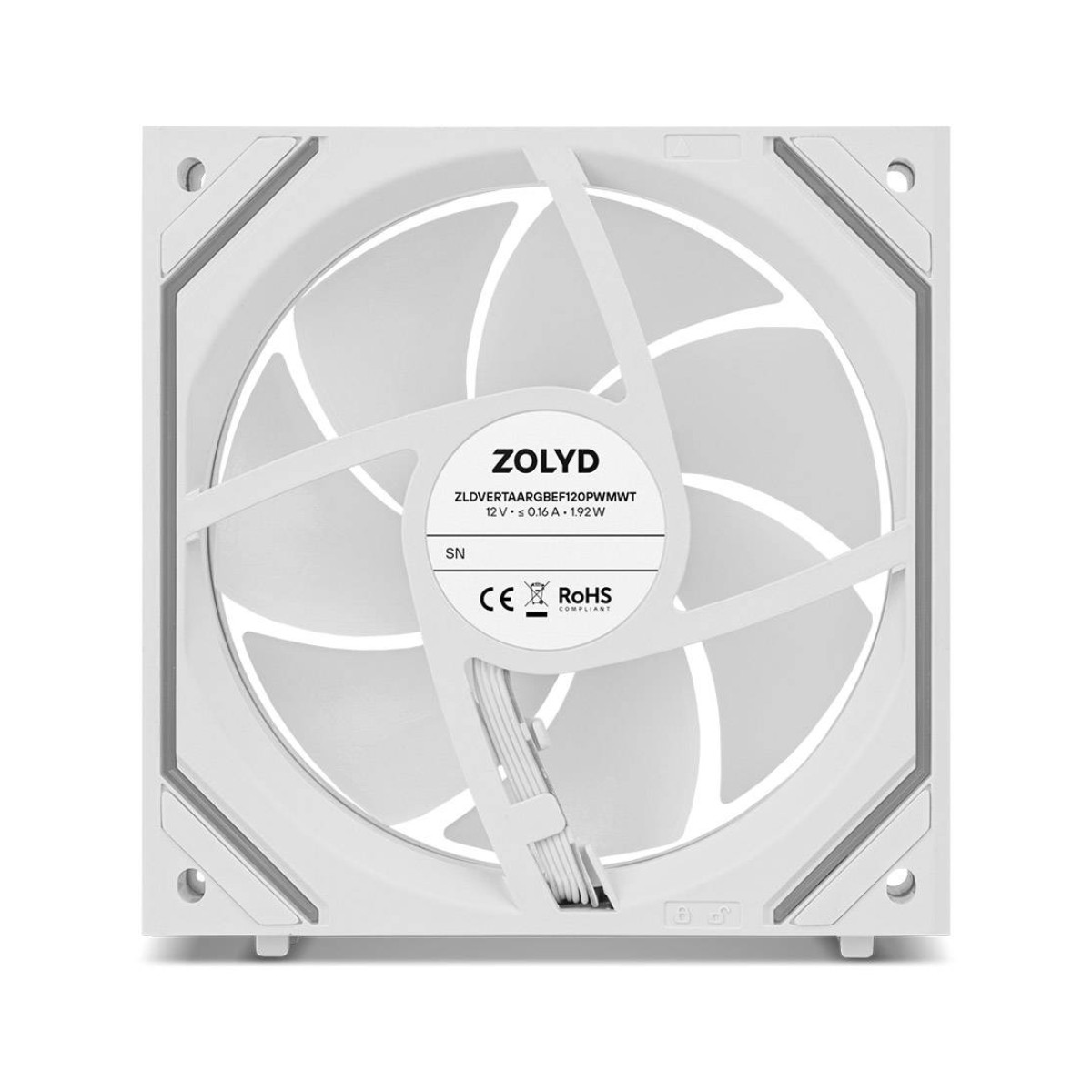 Una ventola bianca per computer con logo ZOLYD e specifiche. Ha nove pale.