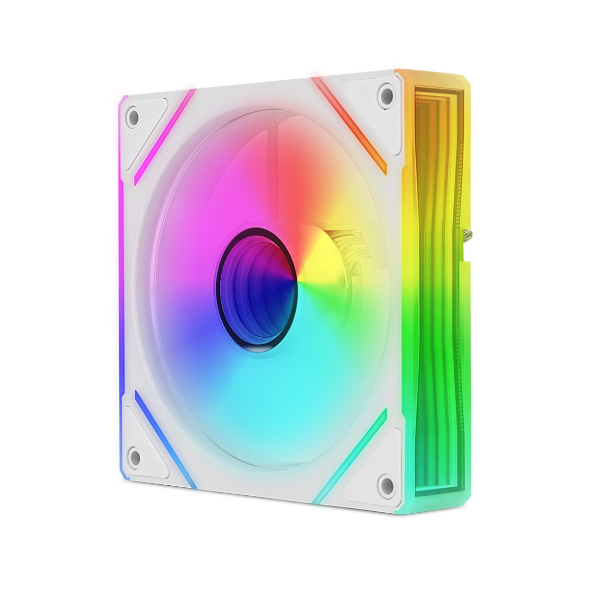 Una ventola PC bianca con illuminazione RGB che mostra colori arcobaleno.