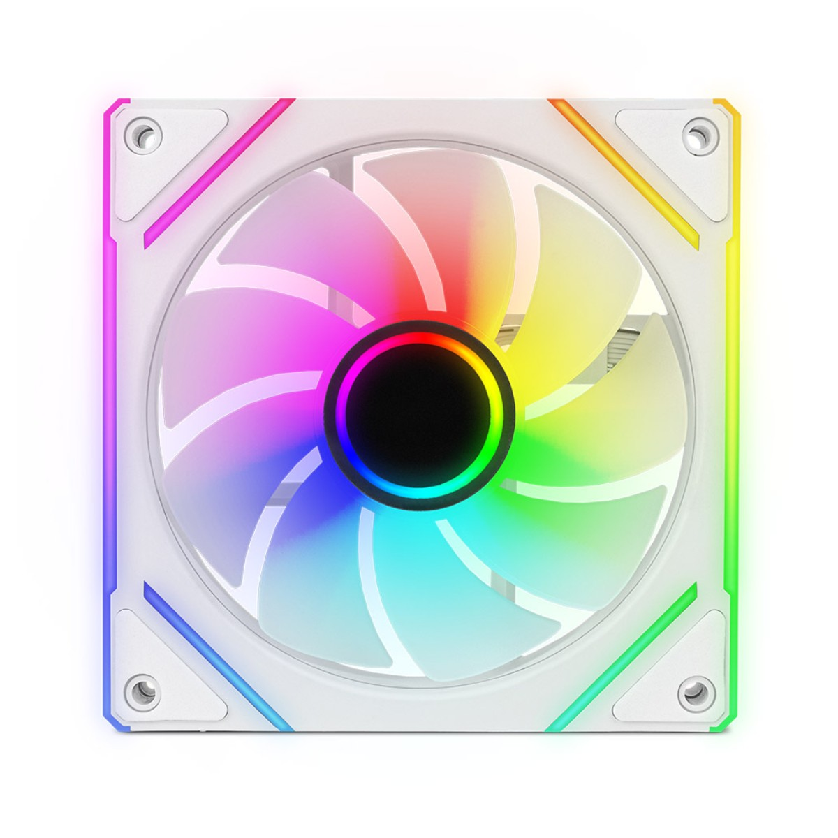 Una ventola per PC bianca con LED colorati sulle pale e sul telaio.