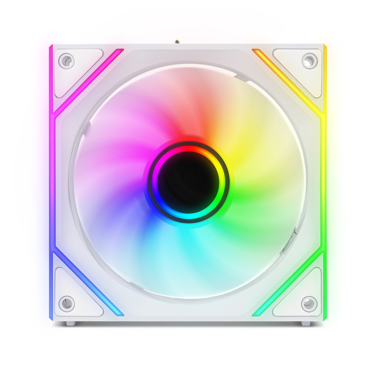 Una ventola per computer bianca con illuminazione RGB sui bordi.