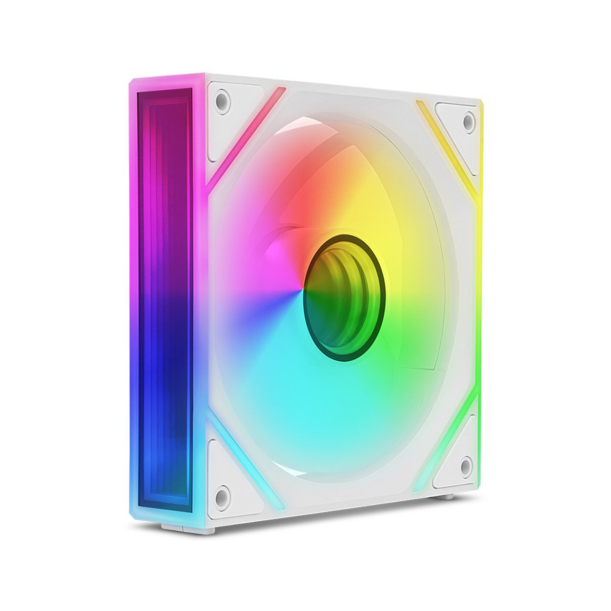 Una ventola per PC bianca con illuminazione RGB arcobaleno su pale e telaio.