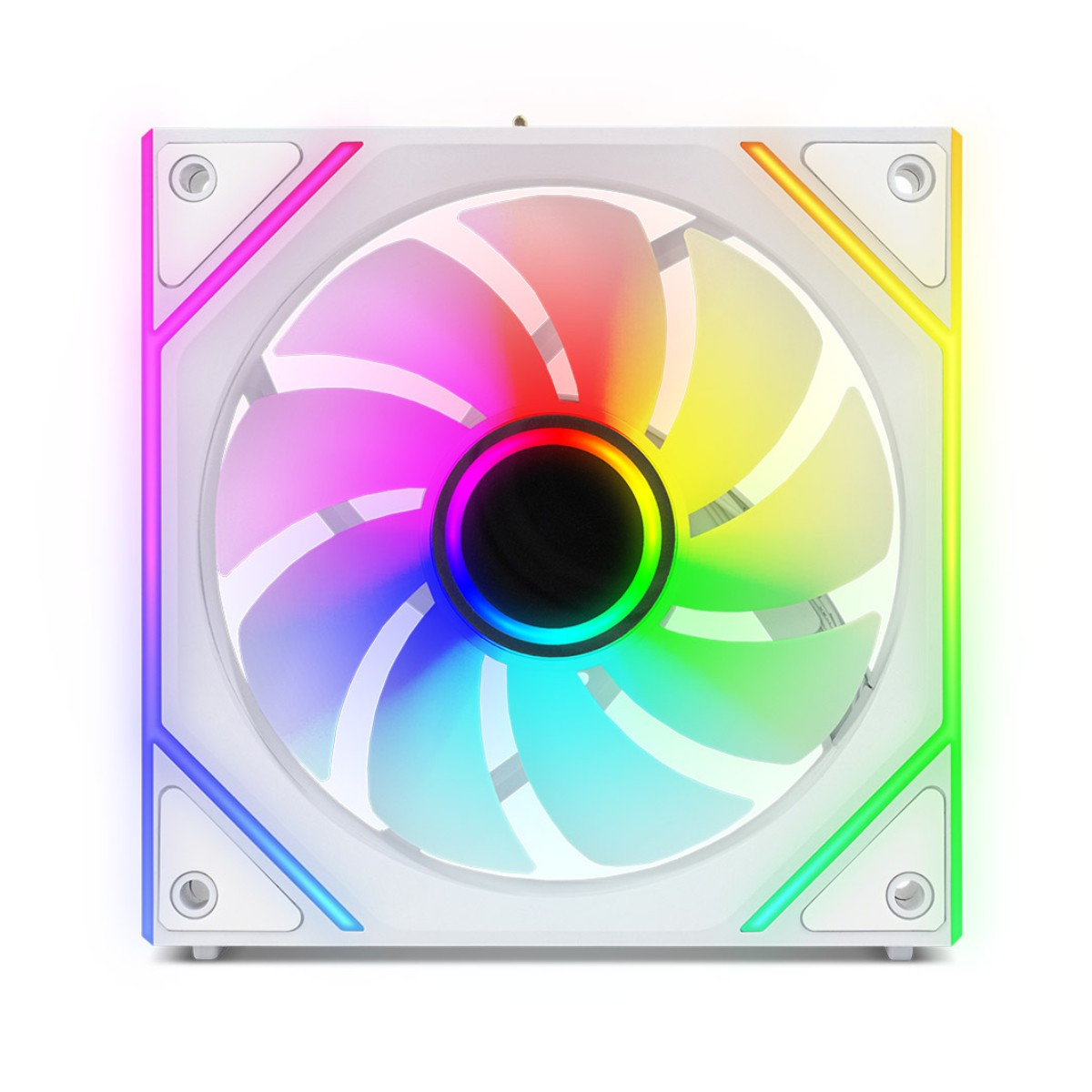 Una ventola bianca con luci RGB colorate sulle pale e sul telaio.