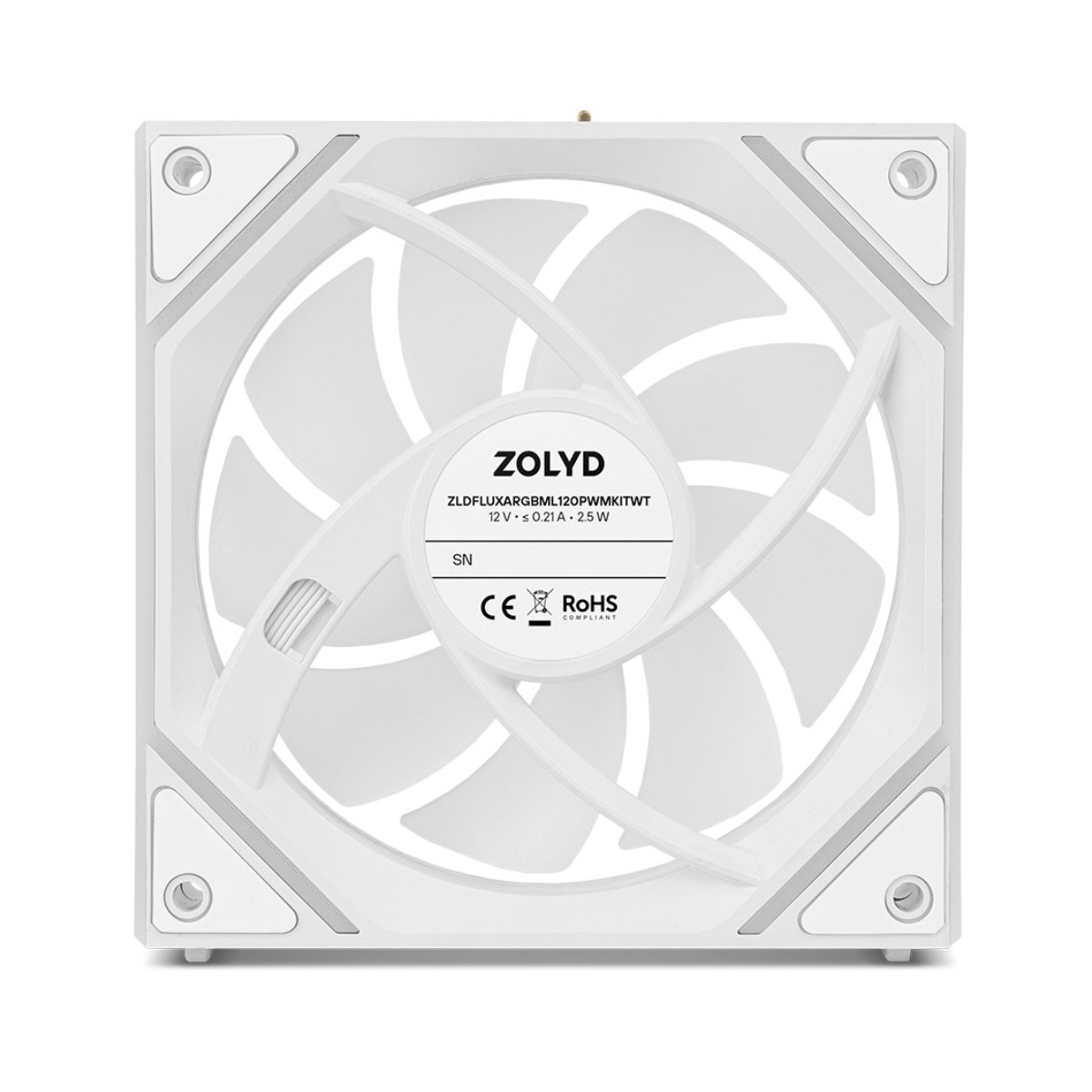 Una ventola bianca per computer con logo ZOLYD e dettagli tecnici.