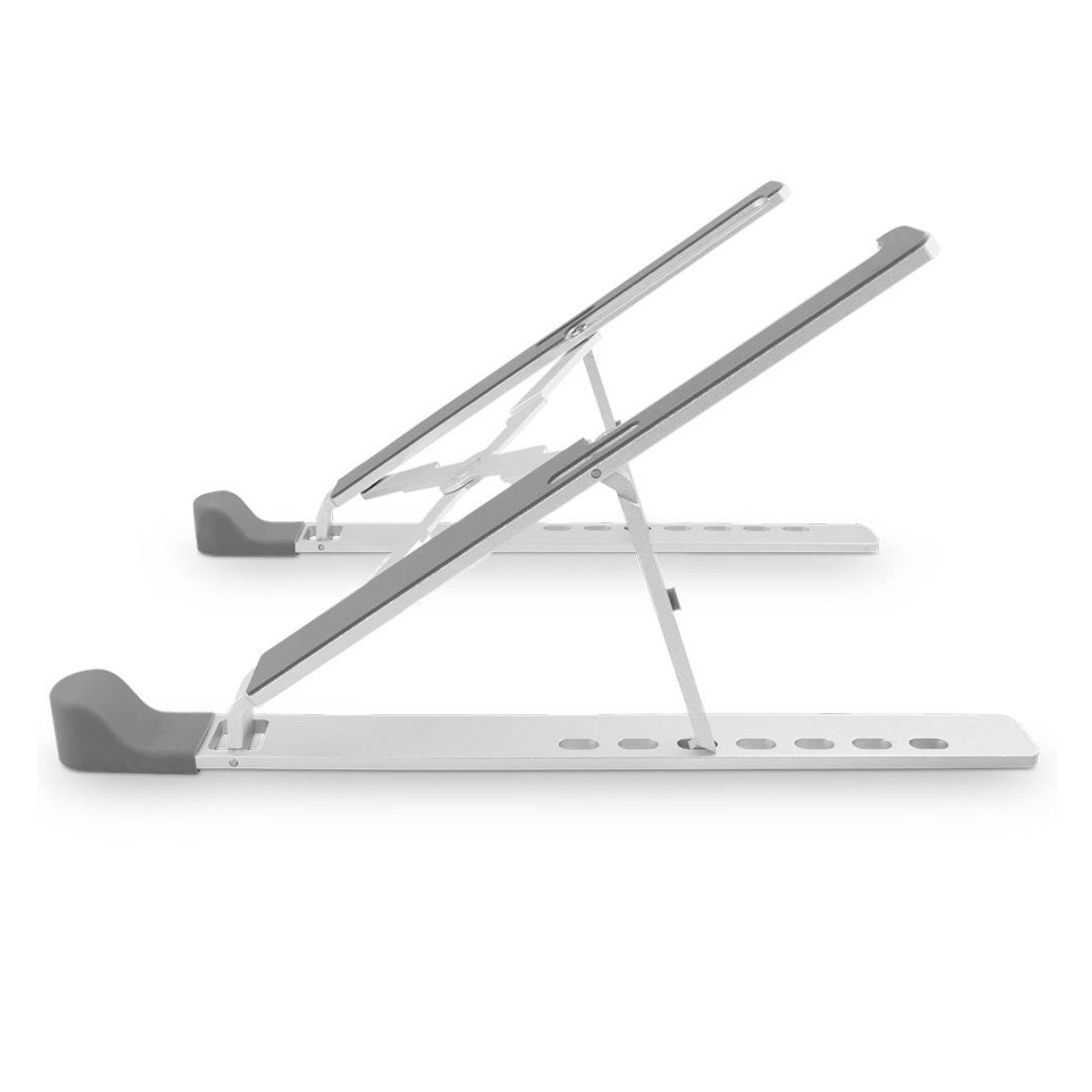 Due supporti per laptop bianchi e grigi sono affiancati su sfondo bianco.
