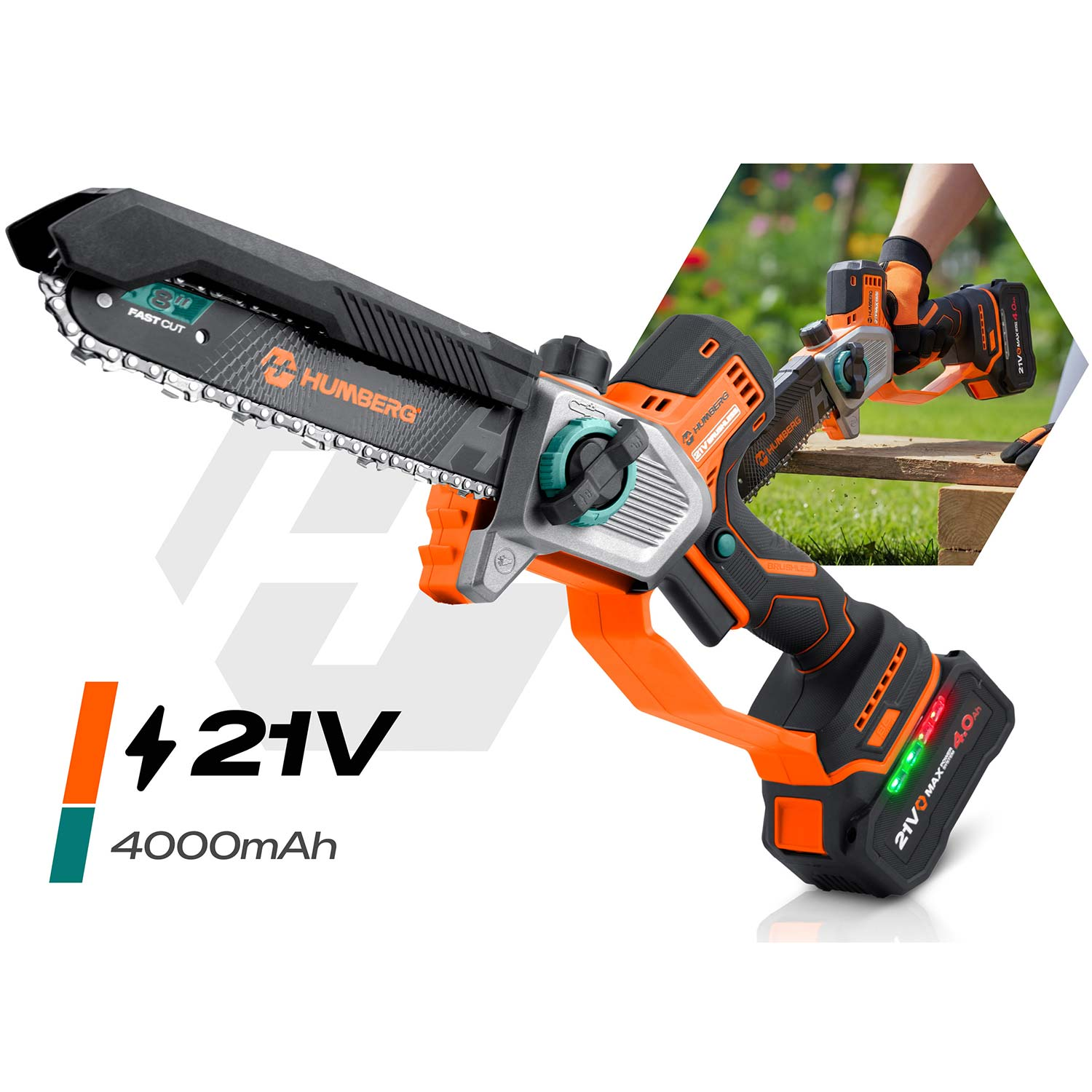 Prezentowana jest pomarańczowo-czarna piła łańcuchowa z baterią 21V i 4000mAh.
