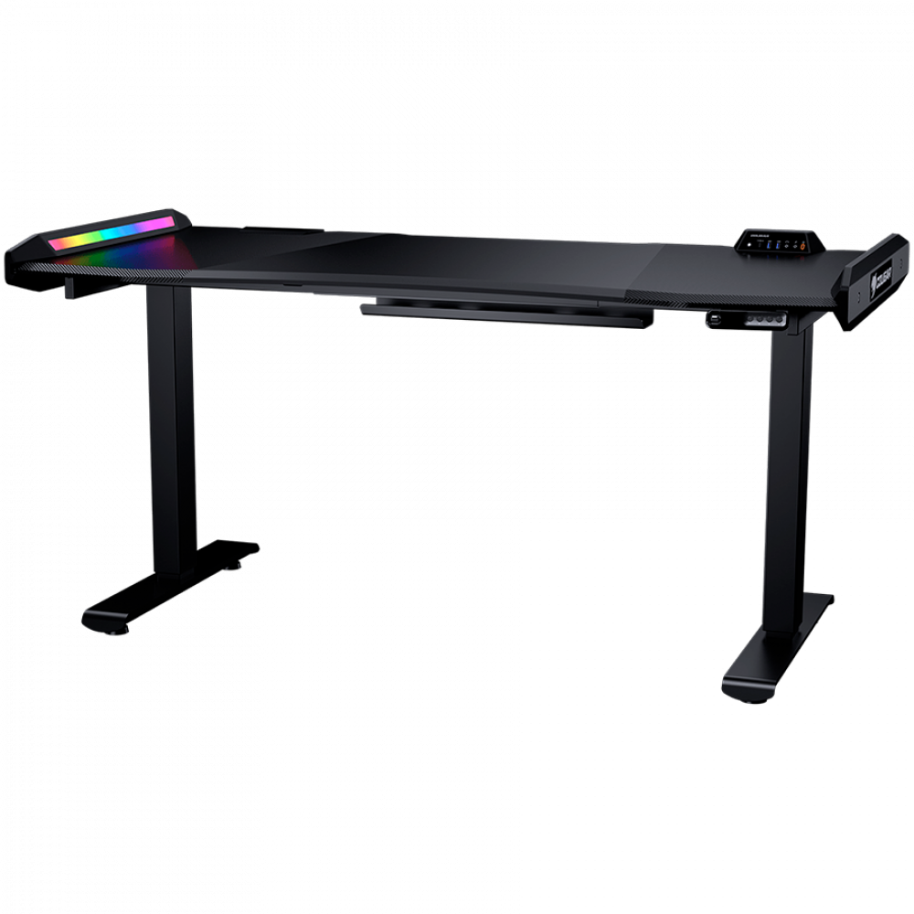 Czarny biurko z oświetleniem RGB i panelem sterowania.