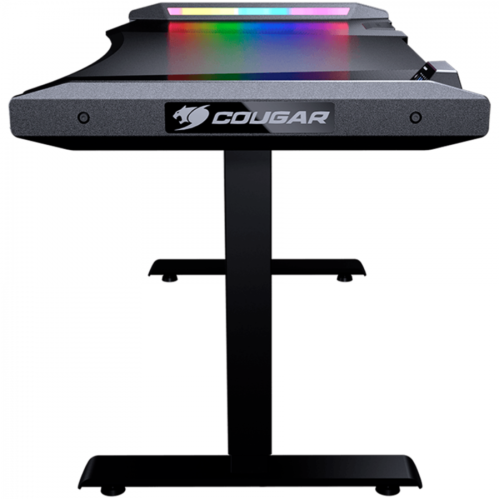 Szary biurko z oświetleniem RGB, logo i czarną ramą.